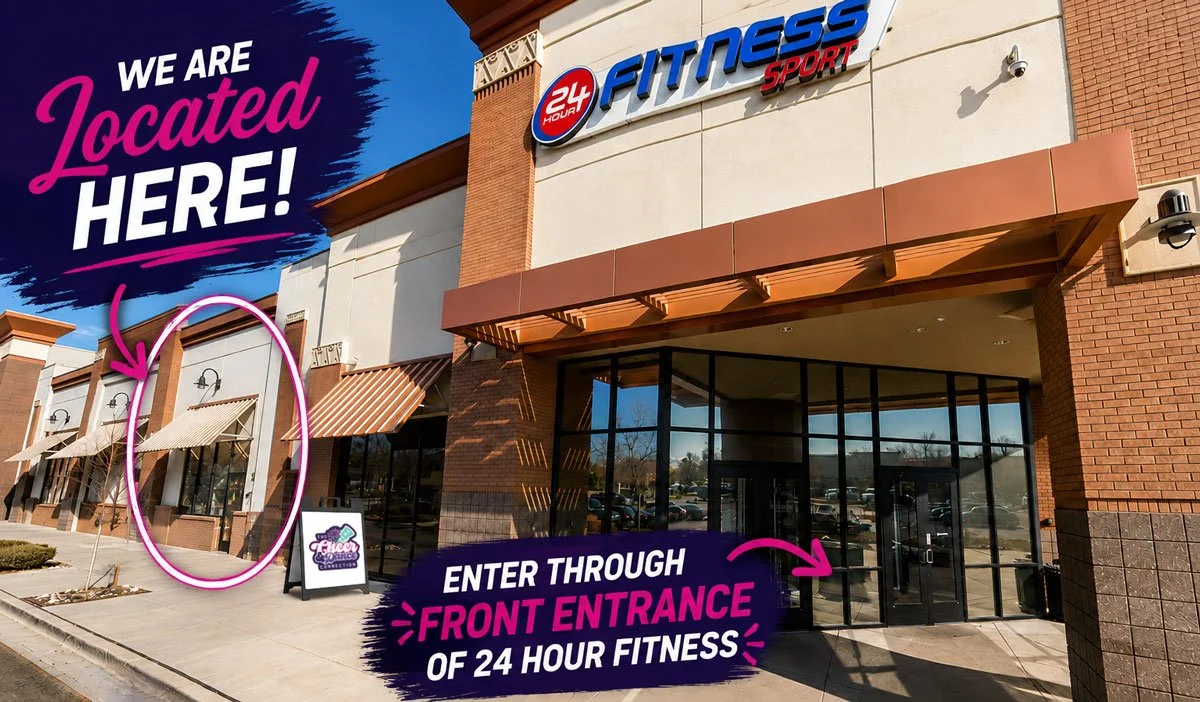 Exterior view of a fitness gym with signs indicating it is open 24 hours, with a large sign reading 'Fitness Sport' and smaller signs for 'Located Here' and entry instructions.