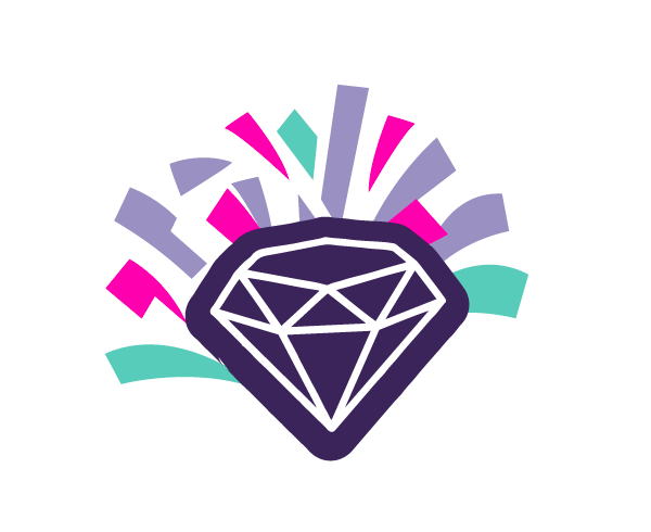 Stylized diamond graphic with colorful geometric shapes radiating outward on a black background.