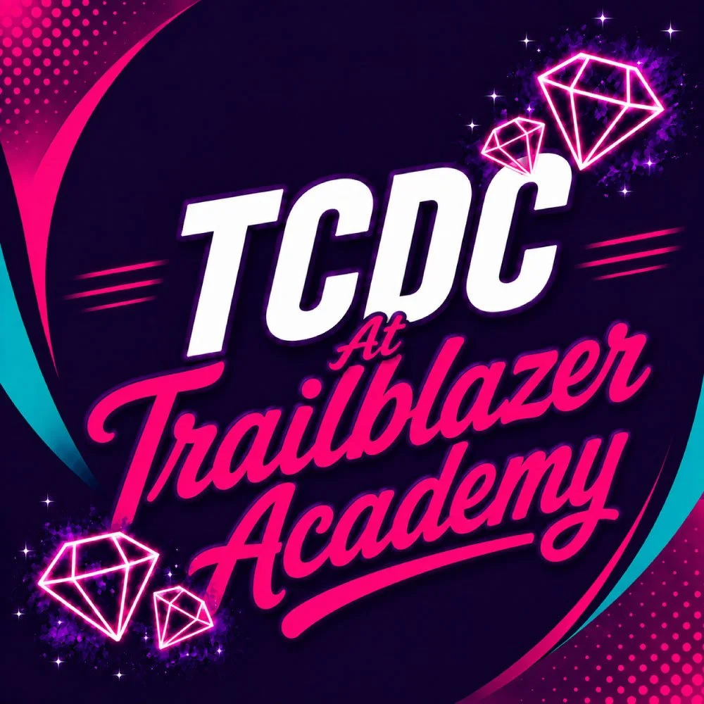 Logo for TCDC at Trailblazer Academy with neon pink diamonds and glowing sparkles on a dark background.