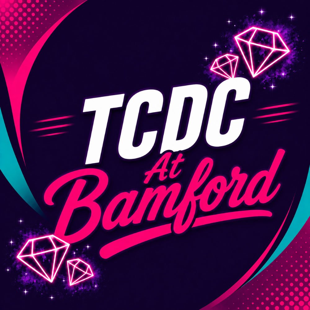 A neon-lit graphic with the text 'TDC at Bamford' surrounded by glowing diamond illustrations and colorful decorative elements.