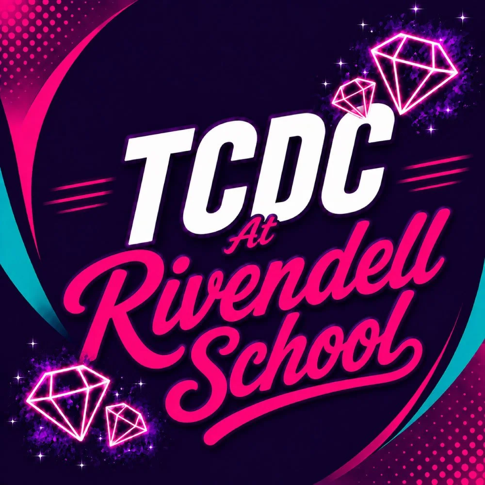Bright neon sign reading 'TCDC at Rivendell School' with pink and purple diamond graphics and sparkling effects on a dark background.