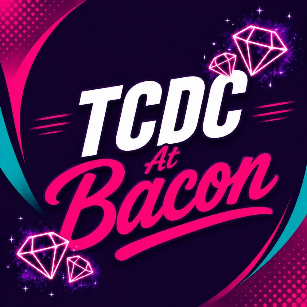 Bright neon sign with diamond illustrations and the text 'TCDC At Bacon' in vibrant pink and white colors, with a dark background and decorative dot patterns.