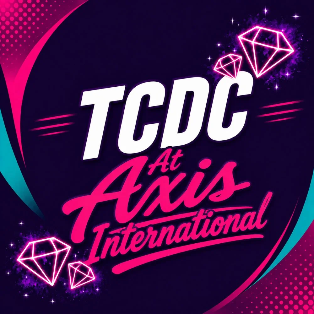 Bright neon-style graphic with the text 'TDC at Axis International' and illustrations of glowing pink diamonds on a dark background.