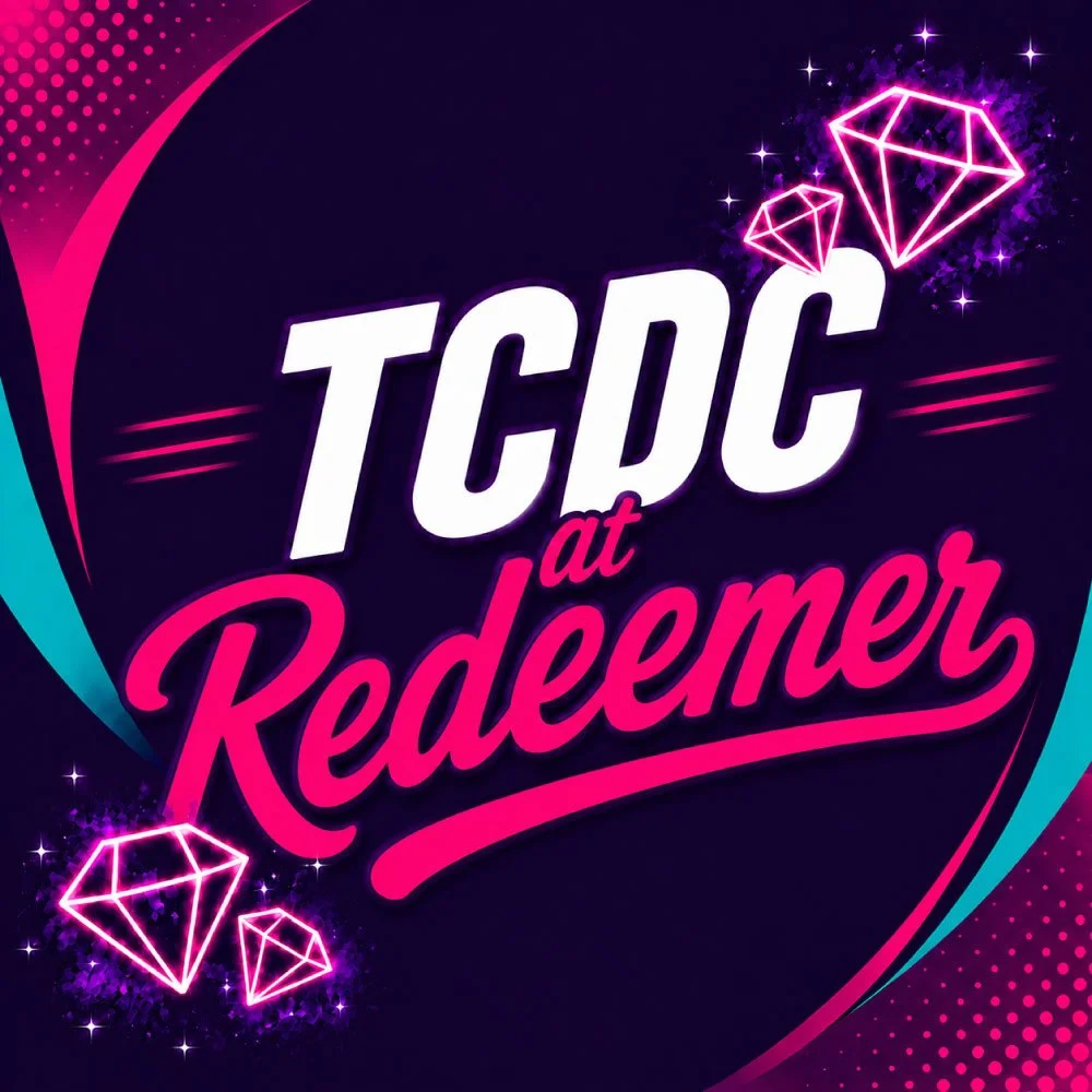 Event logo for TCDC at Redemer, with neon pink and purple diamonds, stars, and stylized text.