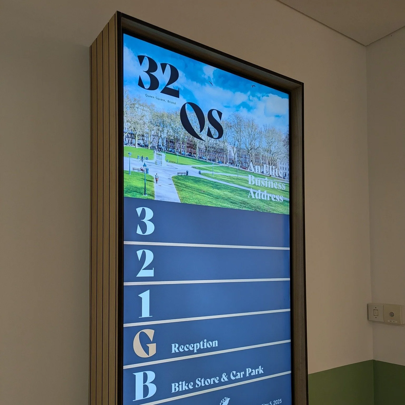 📍 Digital Office Directory &ndash; 32 Queen Square, Bristol

We recently installed a sleek digital office directory at 32 Queen Square, Bristol, complete with a custom timber surround for a premium, professional finish.

The directory allows buildin