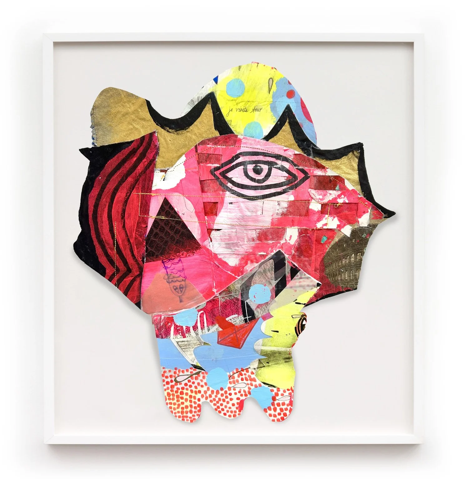 jackie milad JE VISITE TOUT | 17.5 x 15.5 inches / 44.5 x 39.4 cm, mixed-media on hand dyed canvas collage