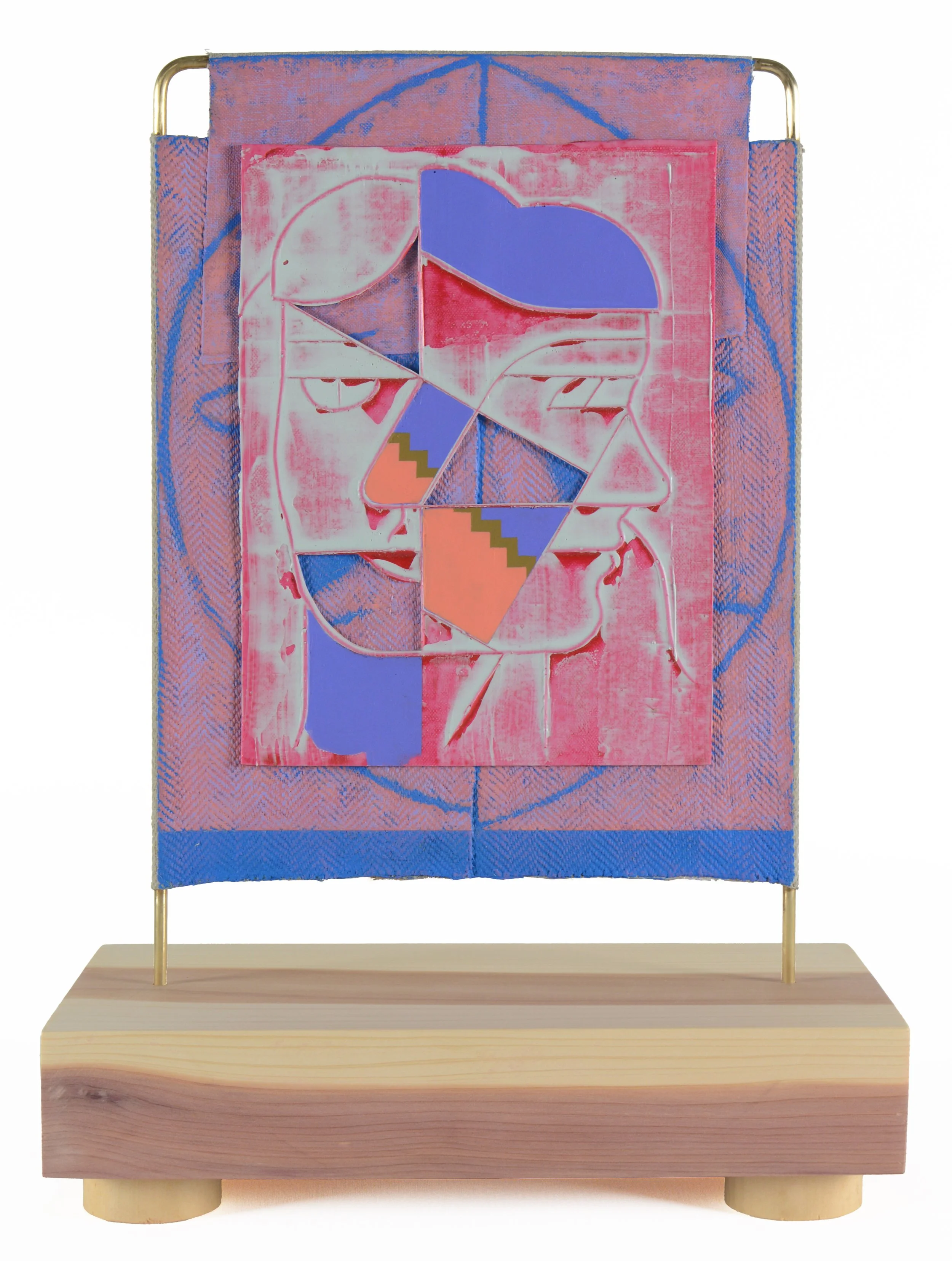 Jacob Feige-Vermilion Monument (Pink, Blue Violet)15.75 x 11.5 x 5.5 inches / 40 x 29 x 14 cm, double sided, acrylic, cast acrylic mounted to linen over brass, wooden base, 2025.