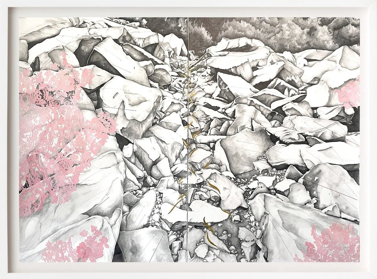 SHIFT #2 | 30 x 45 inches / 76.2 x 114.3 cm,
graphite, acrylic, colored pencil, gold leaf on paper, 2022