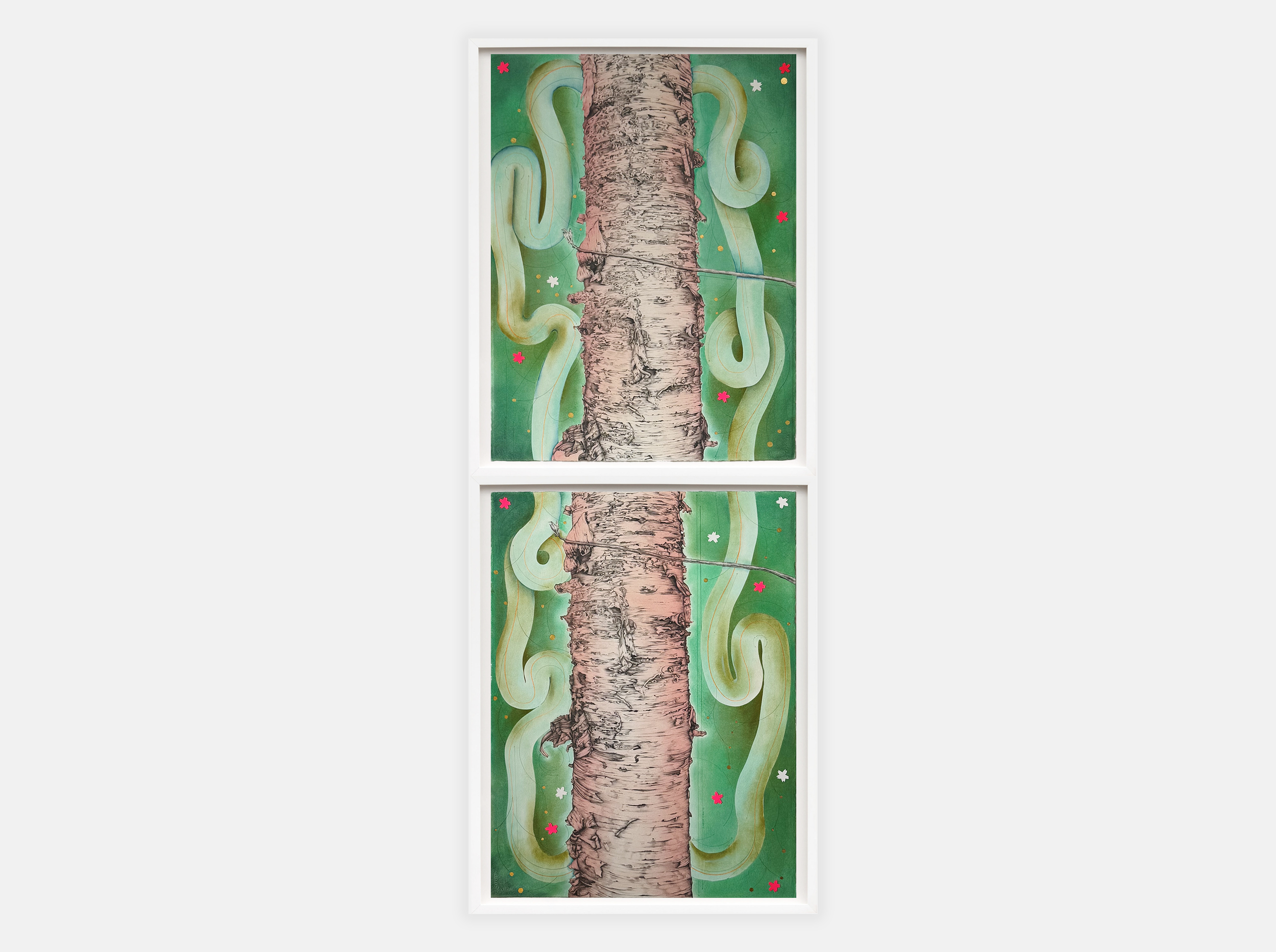 KIKI GAFFNEY | WHEN NIGHT FALLS | 60 x 22.5 inches / 152 x 57 cm, graphite, pastel, colored pencil, gold leaf, collage on paper, 2025