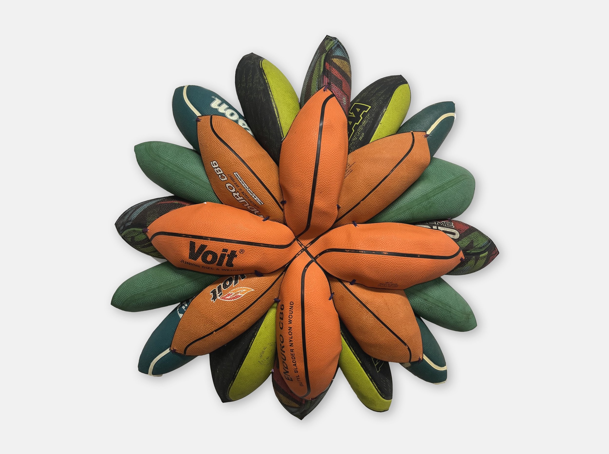 BRANDON J. DONAHUE-SHIPP | BASKETBALL BLOOM (BUTYL BLADDER), 30 x 30 x 5 inches / 76 x 76 x 12 cm, searched for and collected basketballs, shoestrings, 2025