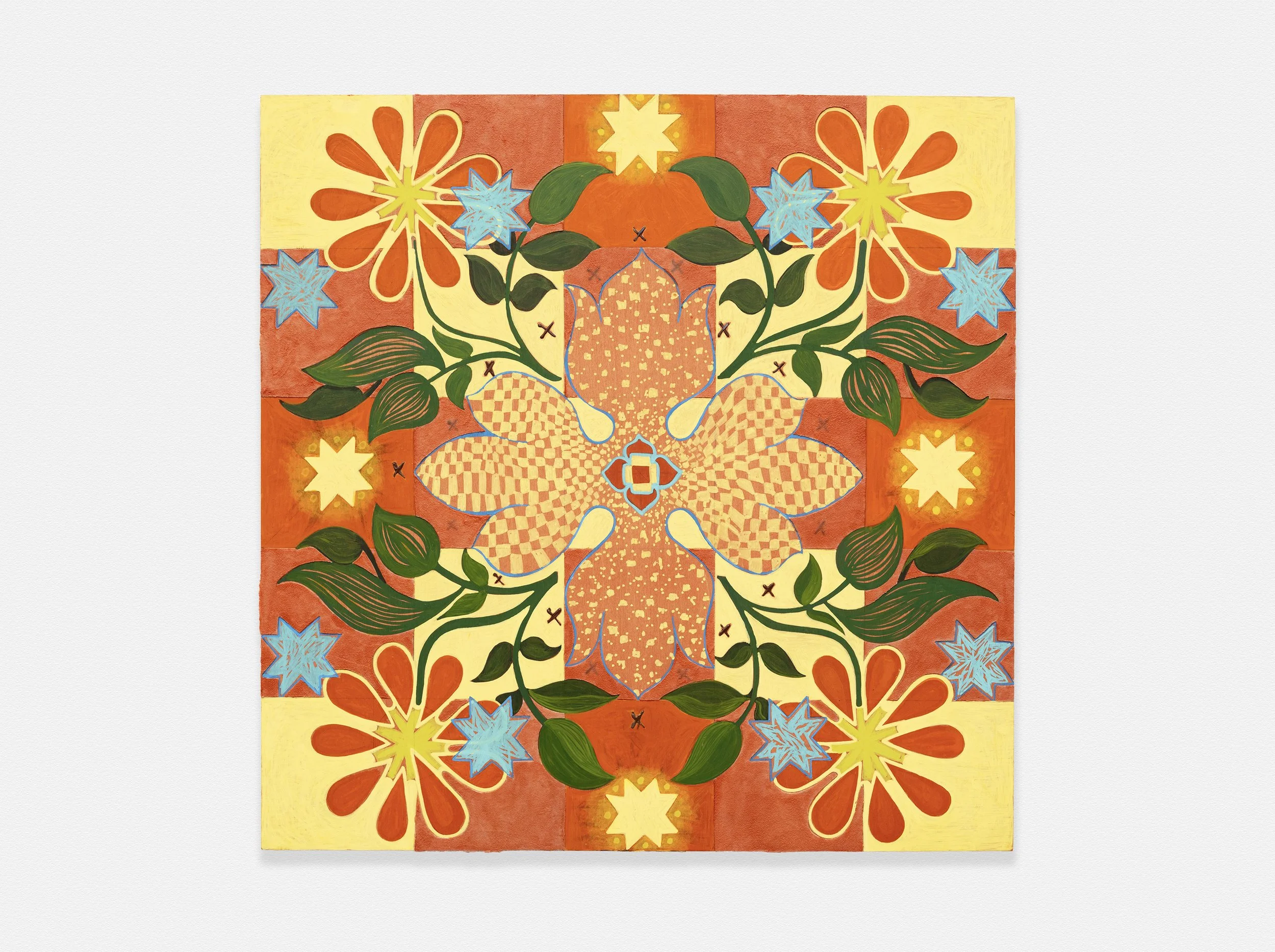 NATESSA AMIN | GATHERING (EARLY AMERICAN COVERLET, FALL), 20 x 20 inches / 51 x 51 cm, acrylic, acrylic medium, and foraged Pennsylvania black walnut ink on panel, 2026