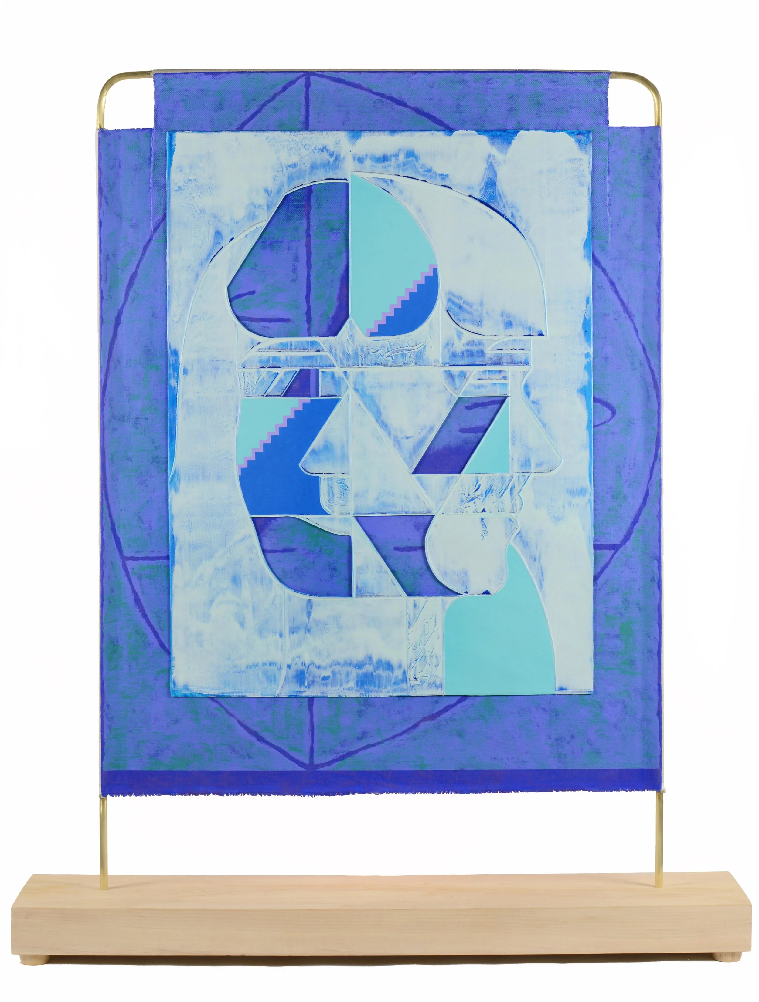 Jacob Feige-Vermilion Monument (Blue) 15.75 x 11.5 x 5.5 inches / 40 x 29 x 14 cm, double sided, acrylic, cast acrylic mounted to linen over brass, wooden base, 2025.