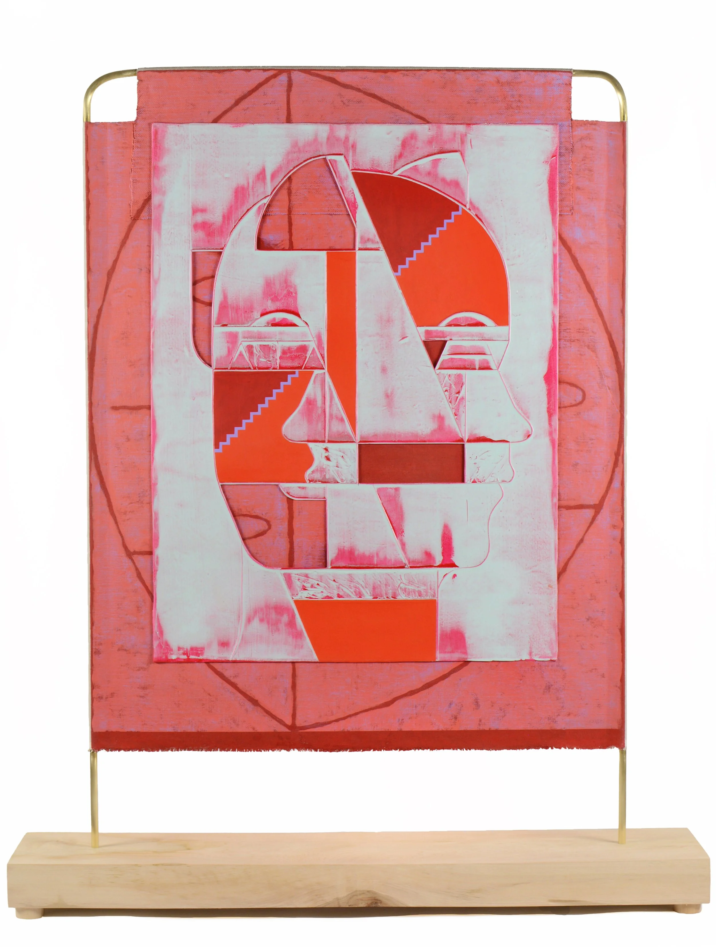 Jacob Feige-Vermilion Monument (Red) 15.75 x 11.5 x 5.5 inches / 40 x 29 x 14 cm, double sided, acrylic, cast acrylic mounted to linen over brass, wooden base, 2025.