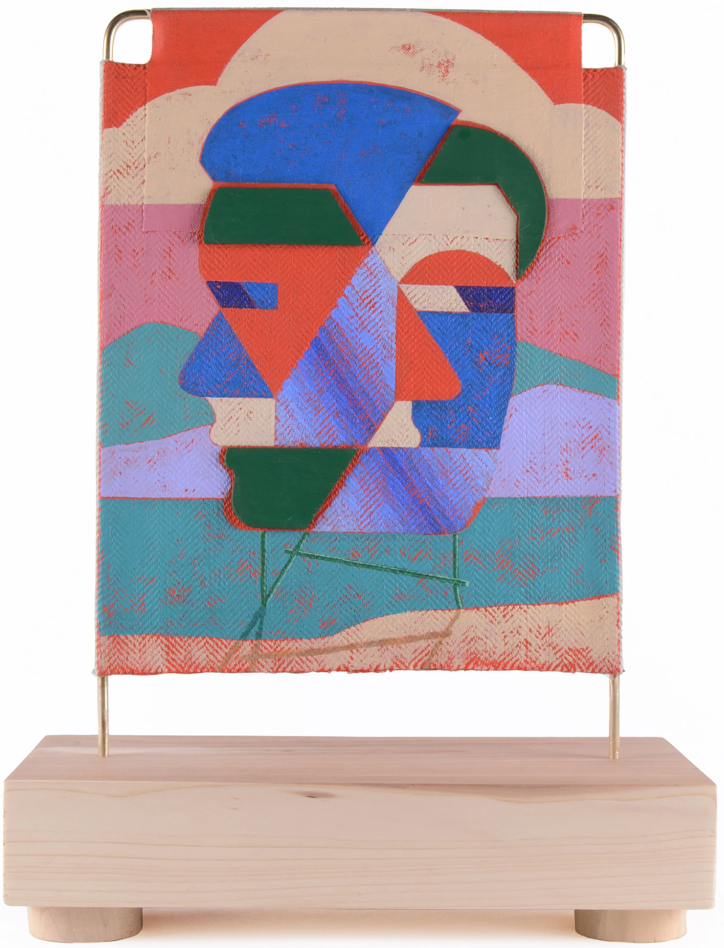 Jacob Feige-Vermilion Monument (Violet, Red)15.75 x 11.5 x 5.5 inches / 40 x 29 x 14 cm, double sided, acrylic, cast acrylic mounted to linen over brass, wooden base, 2025.