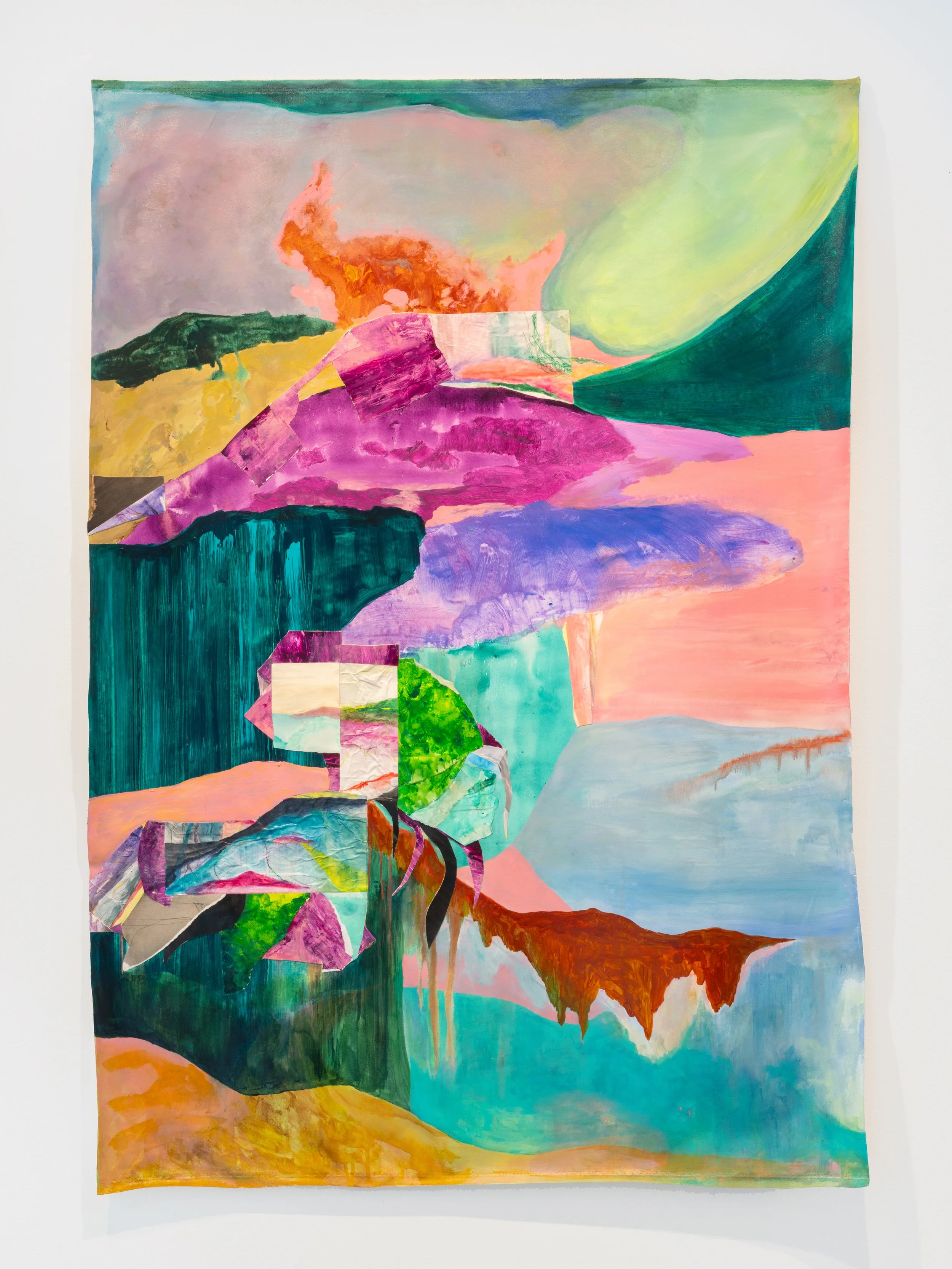 MAPPING A CEASELESS BECOMING (AND THE MOUNTAINS OF DUST AND DESIRE) | 64.5 x 45.5 inches / 163 x 115 cm, acrylic, ink, colored pencil, collage and cuts and burns on paper mounted on canvas, 2026