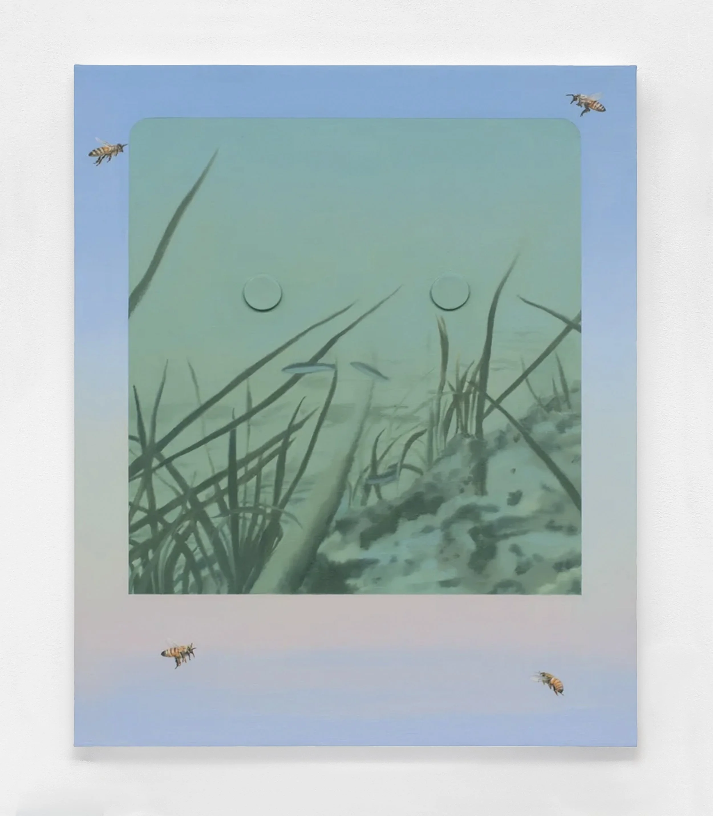 FOUR BEES (SKY, UNDERSEA CABLES) | 18 x 14 inches / 45.7 × 35.6 cm, oil and wax on linen over panel, 2024