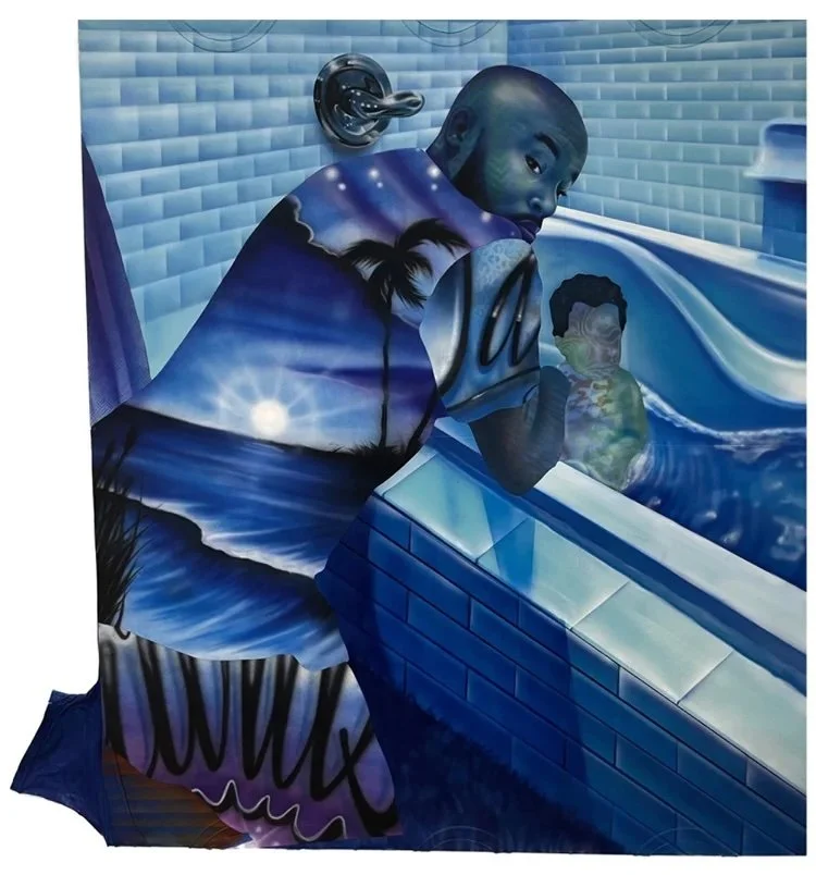 Brandon J. Donahue-Shipp_Bathtime_55 x 55 inches / 140 x 140 cm, airbrush acrylic, collage on t-shirt canvas, 2024
