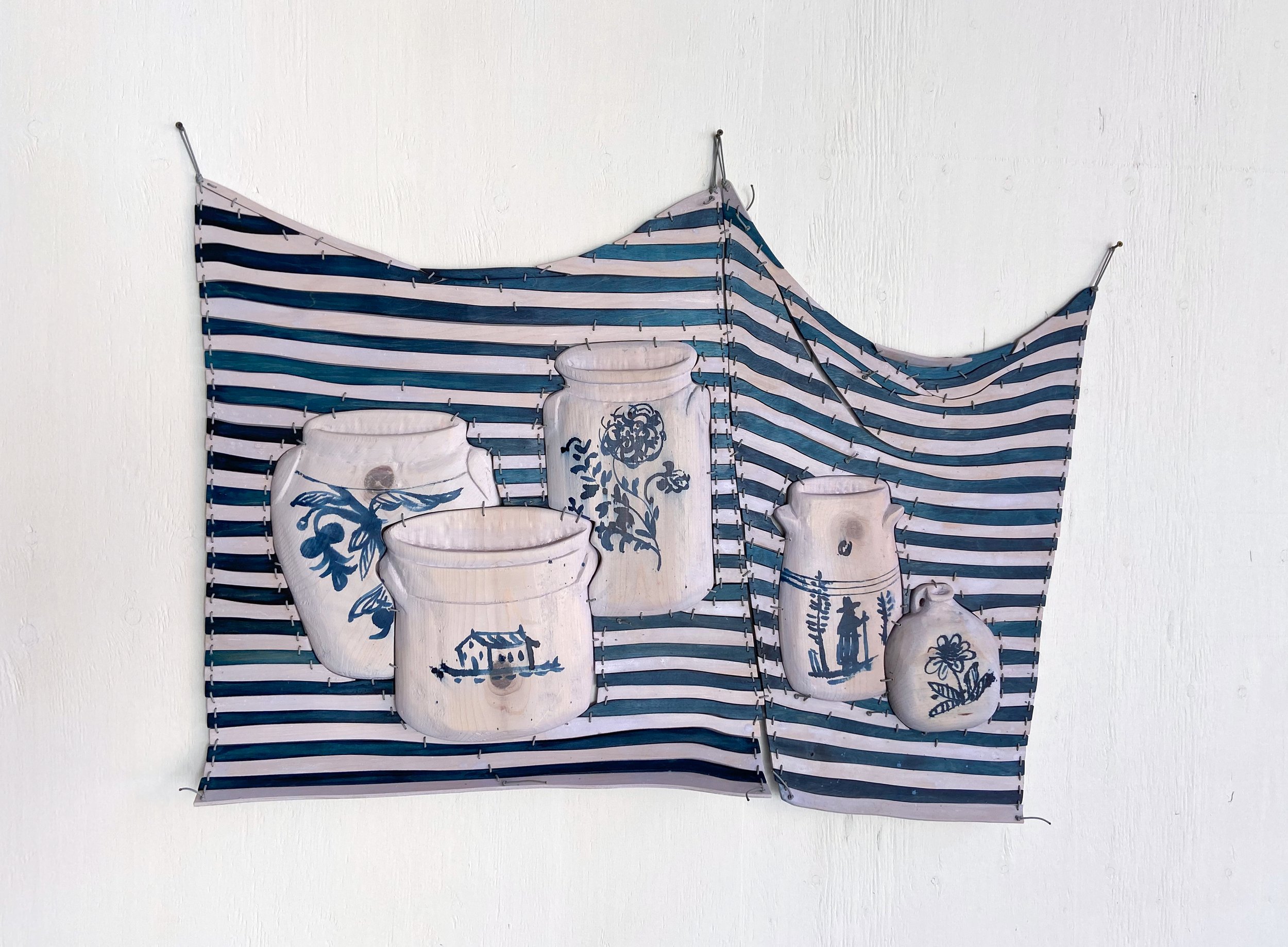 BIG CROCK SCENERY | 36 x 48 x 2 inches / 91 x 122 x 5 cm, acrylic, light stable metalized acid dye, and polyurethane on birch plywood and
poplar with nylon cord, 2026