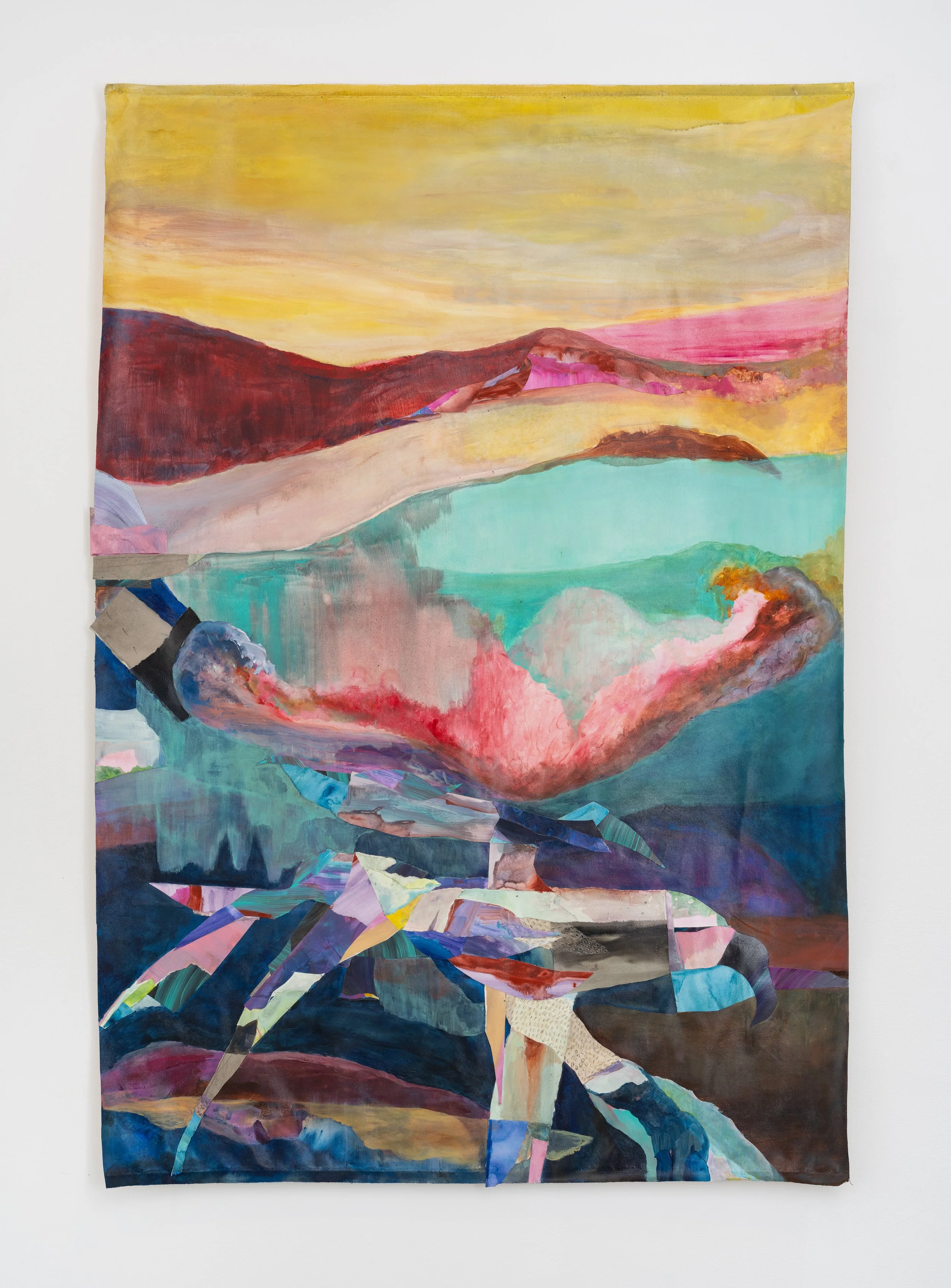 MAPPING A CEASELESS BECOMING (WHEN THE LAND SEDIMENTS INTO THE BODY) |
64.5 x 44.75 inches / 163 x 113 cm, acrylic, ink, colored pencil, collage and cuts and burns on paper mounted on canvas, 2026