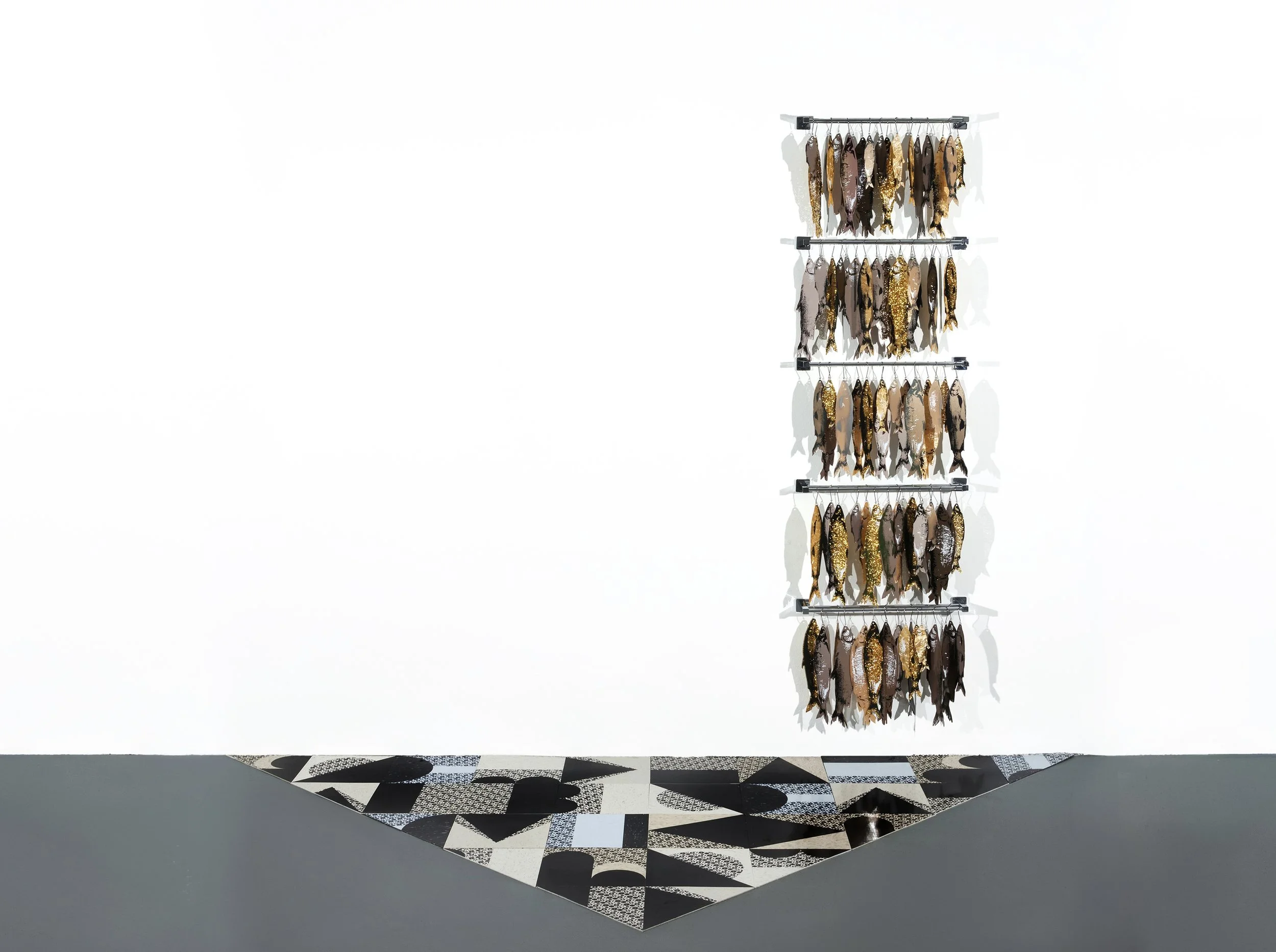 LESLIE FRIEDMAN | SMOKED WHITEFISH, 90 x 24 x 5 inches / 228 x 61 x 13 cm, screenprints on laser-cut acrylic, metal, 2019 
