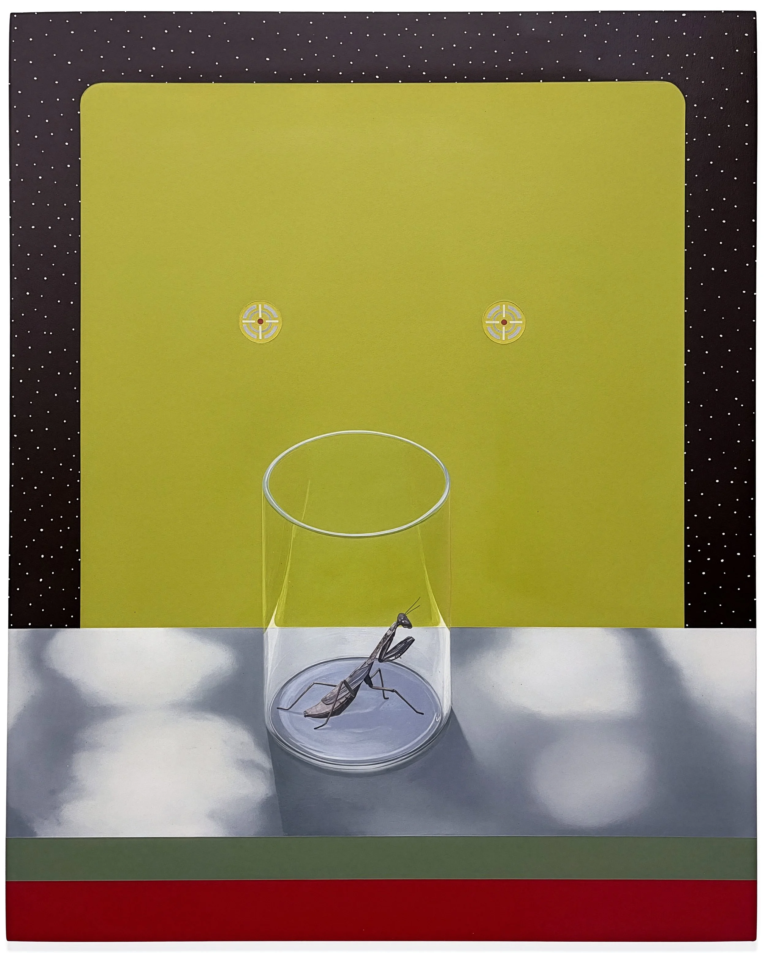 PRAYING MANTIS IN TREE SHADOW (TWIN TARGETS) | 20 x 16 inches / 51 x 41 cm, oil and wax on linen over panel, 2025