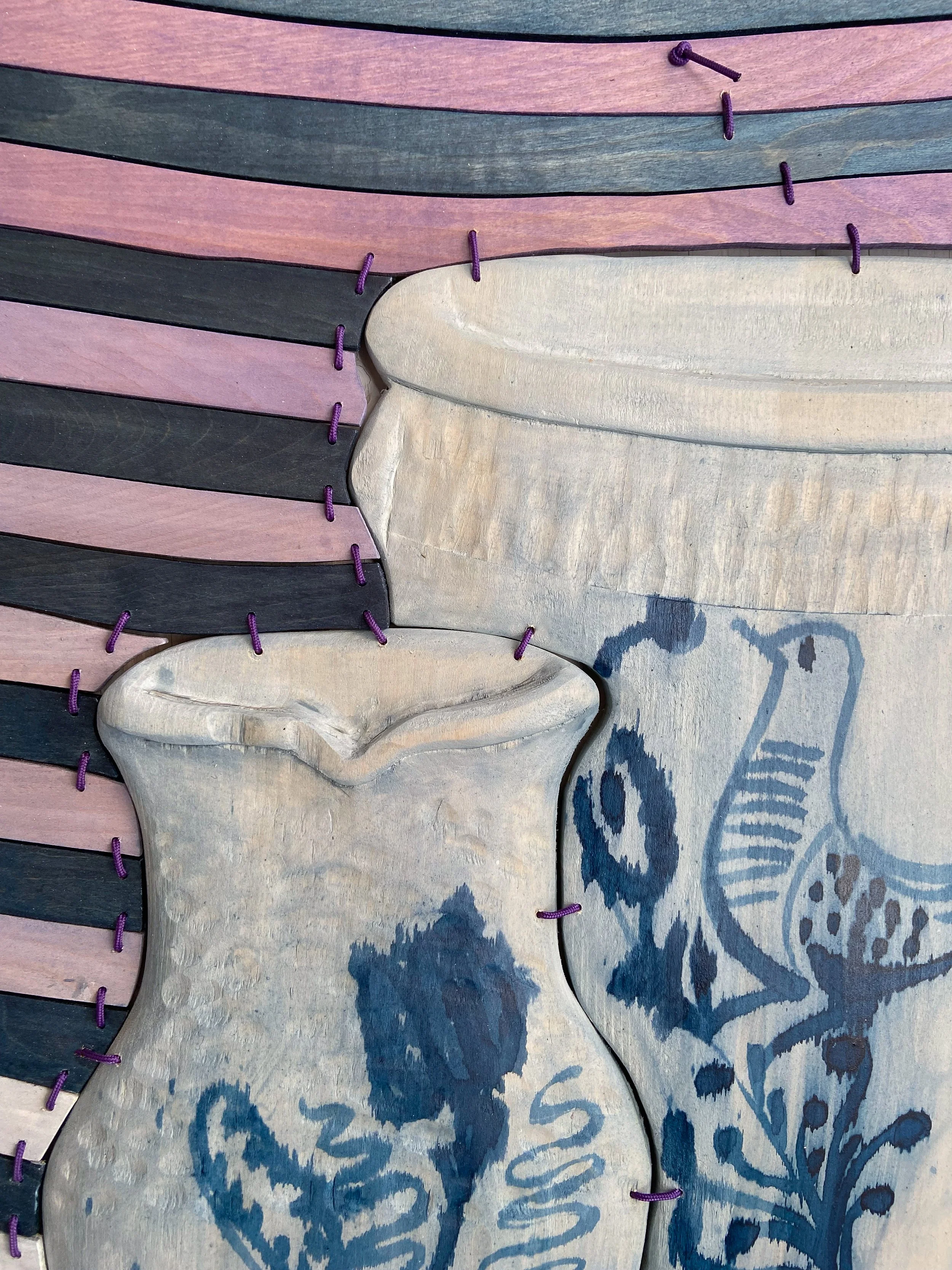 Dan Gunn CROCK SCENERY | 42 x 31 x 2 inches / 106 x 79 x 5 cm, acrylic, light-stable metalized acid dye, and polyurethane on birch plywood and poplar with nylon cord, 2026