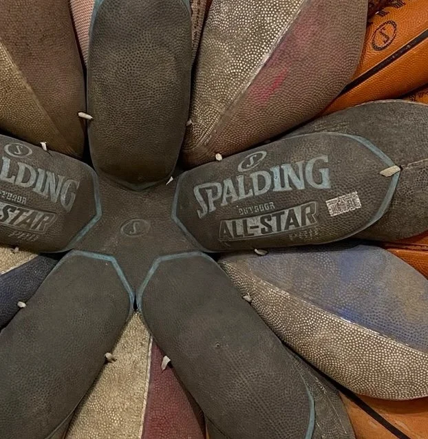 Brandon J. Donahue-Shipp-Basketball Bloom (Spalding All-Star) | 38 x 38 x 7 inches / 96 x 96 x 17 cm, searched for and found basketballs, shoestrings, 2024