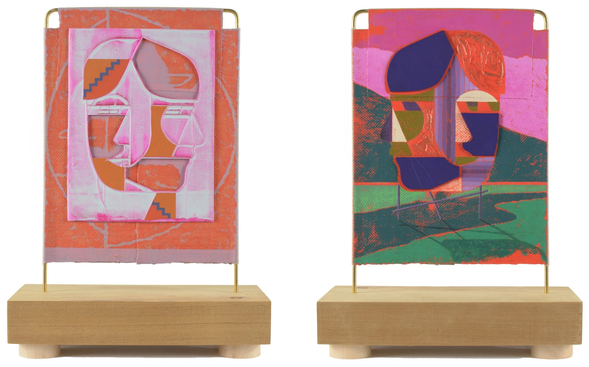 JACOB FEIGE I VERMILION MONUMENT (MAGENTA, ORANGE), 16.5 x 11.5 x 5.5 inches / 41 x 29 x 14 cm, double sided, acrylic, cast acrylic mounted to linen over brass, wooden base, 2024