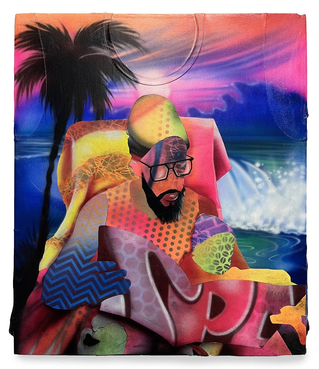 Brandon J. Donahue-Shipp-father to child-26 x 22 inches / 66 x 55 cm, airbrush acrylic, collage on t-shirt canvas, 2024