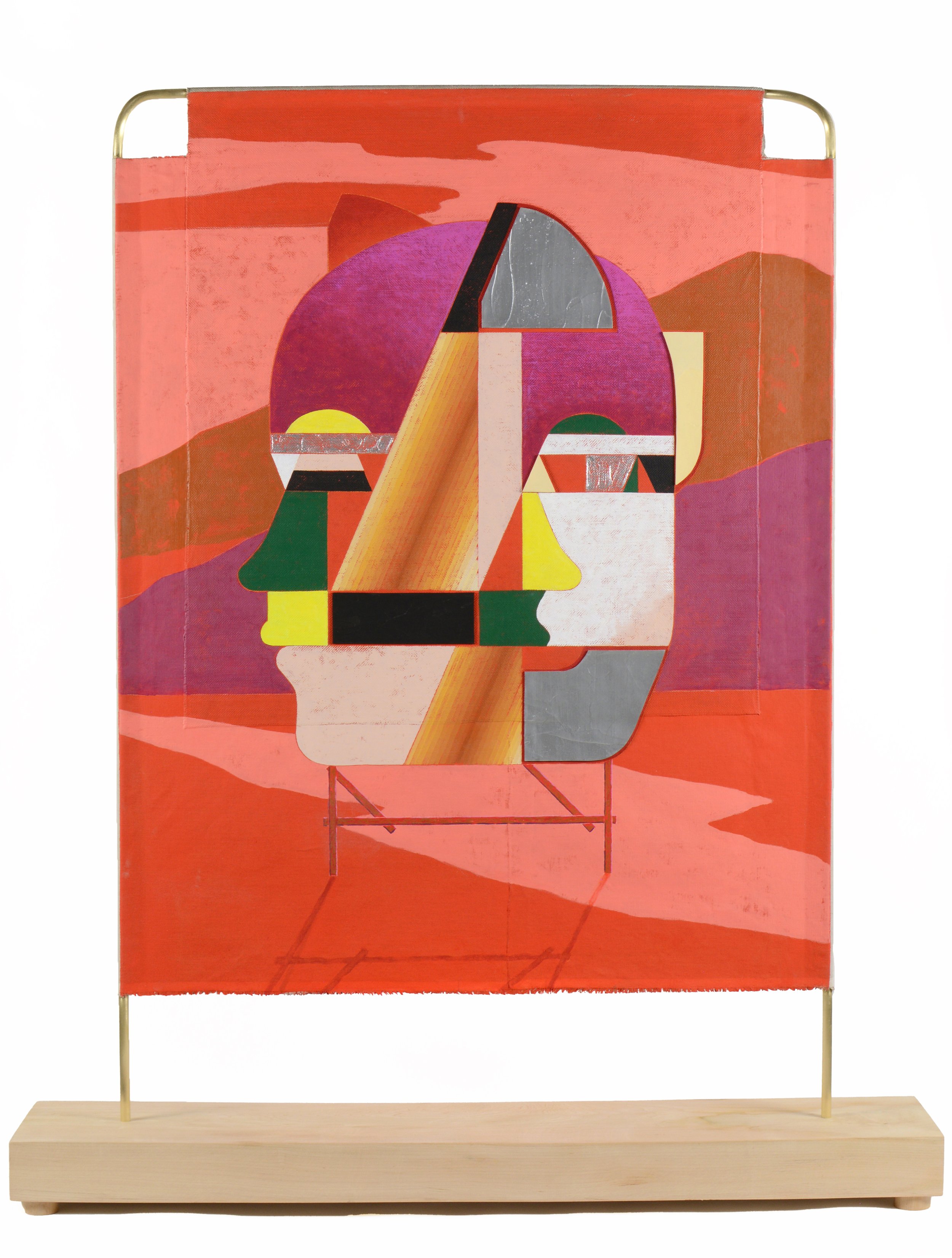Jacob Feige-Vermilion Monument (Red) 15.75 x 11.5 x 5.5 inches / 40 x 29 x 14 cm, double sided, acrylic, cast acrylic mounted to linen over brass, wooden base, 2025.