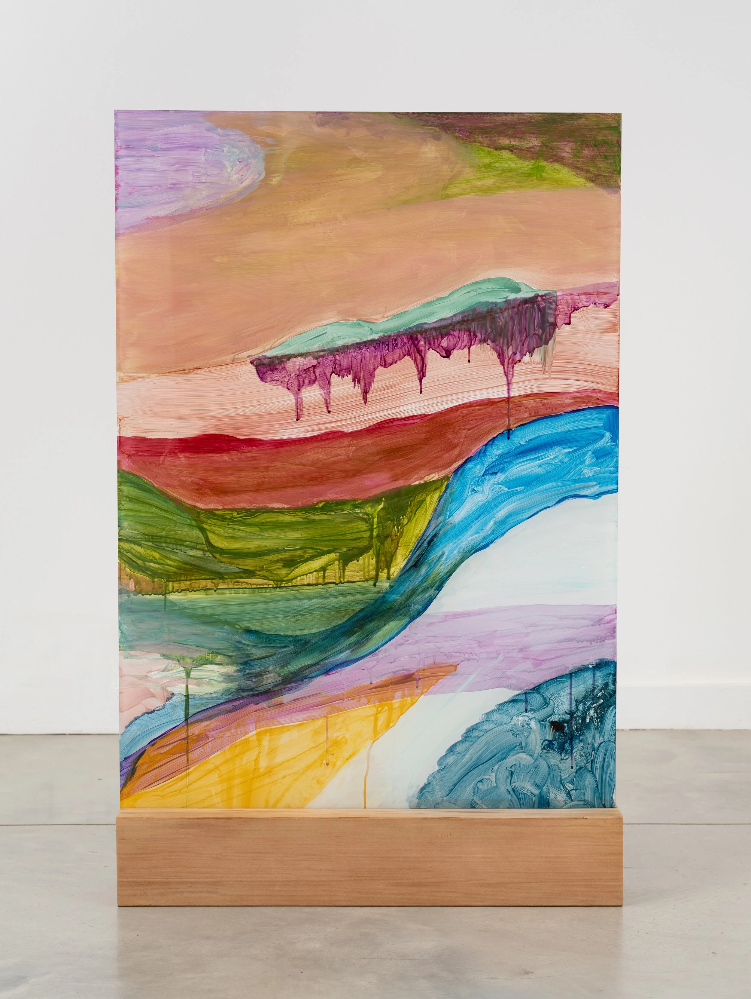 BETWEEN THE STORM AND HORIZON (ONE WORLD SURFACES THROUGH ANOTHER) | 47.5 x 30 x 5.5 inches / 120 x 76 x 14 cm, acrylic on plexiglas with cedar base, 2026