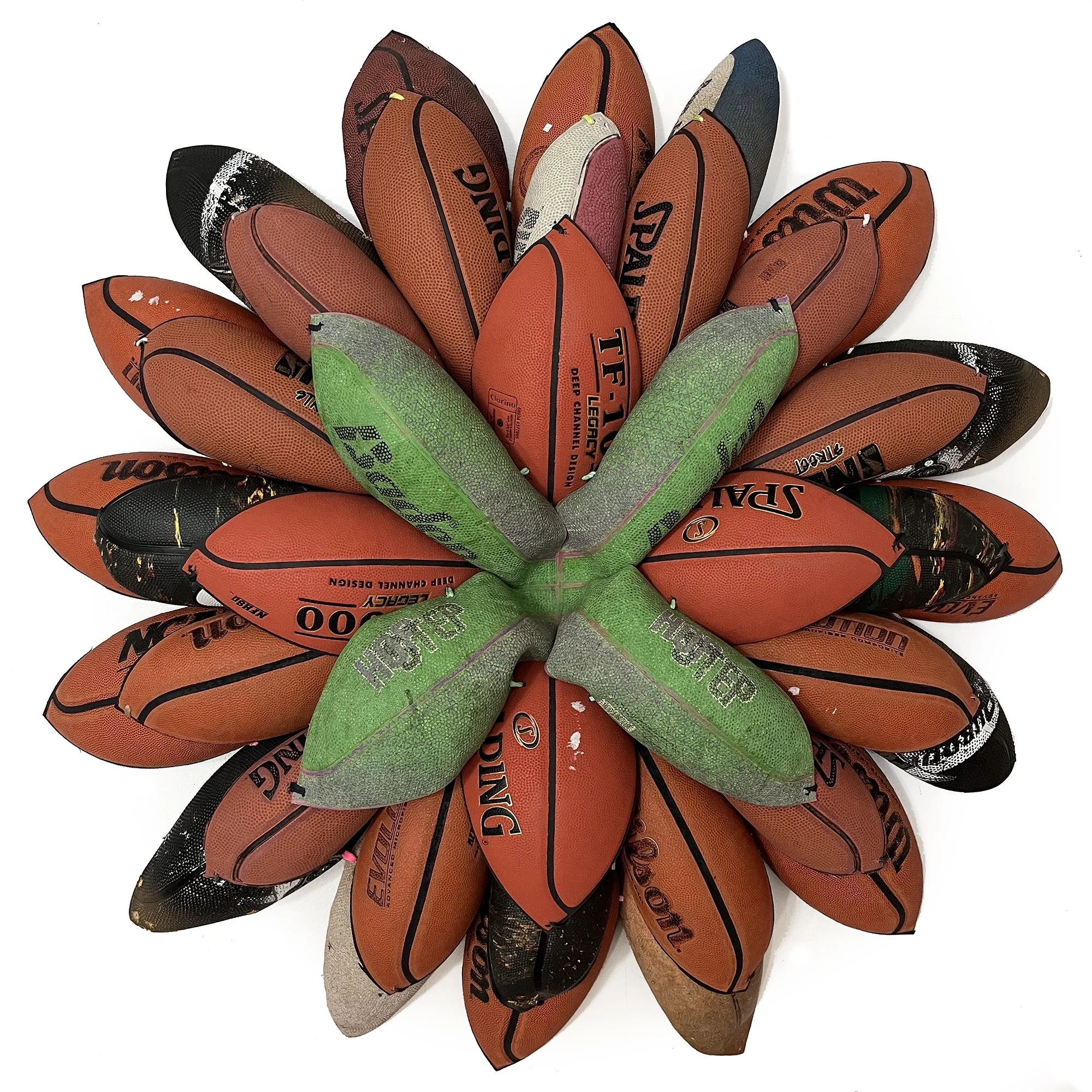 Brandon J. Donahue-Shipp-Basketball Bloom (Hop Step) 38 x 38 x 7 inches / 96.5 x 96.5 x 17.8 cm, searched for and found basketballs, shoestrings, 2022