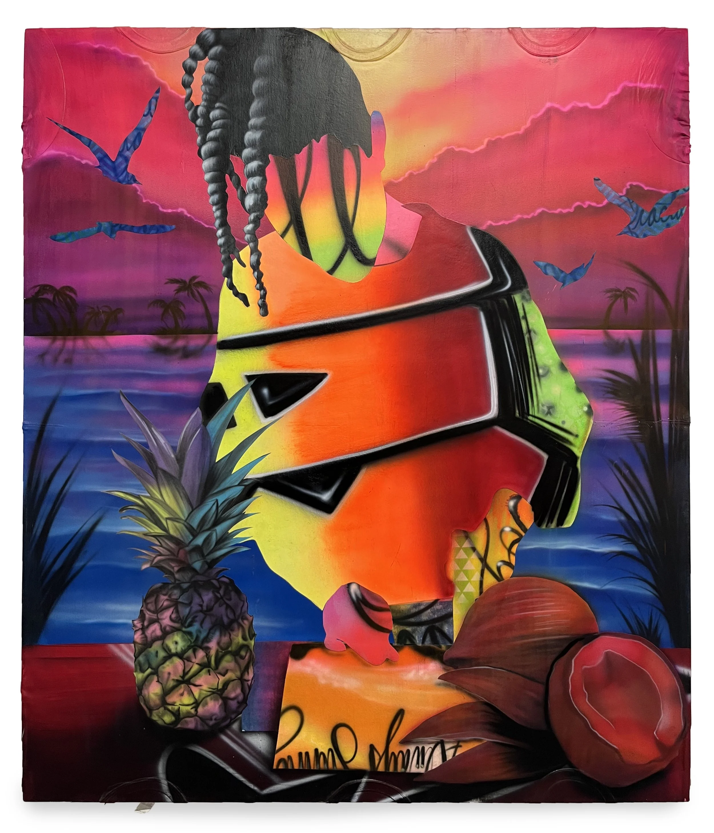 LUCID |  56 x 48 inches / 142 x 121 cm, airbrush acrylic, collage on t-shirt canvas, 2024