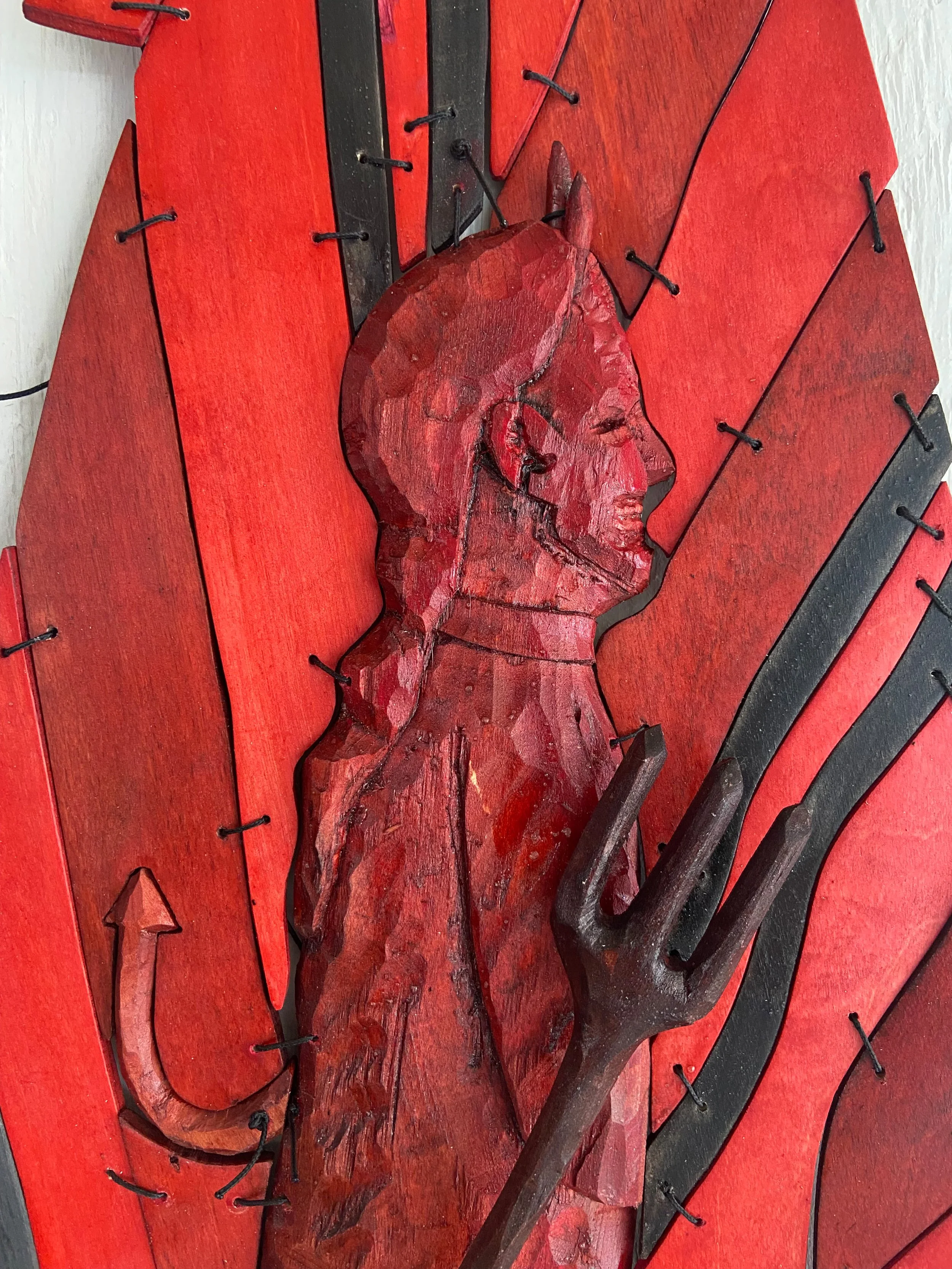 Devil Scenery, 2026 Acrylic, light stable metalized acid dye, and polyurethane on birch plywood and poplar with nylon cord, 34 x 15 x 2 inches.