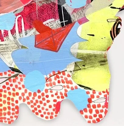 jackie milad JE VISITE TOUT | 17.5 x 15.5 inches / 44.5 x 39.4 cm, mixed-media on hand dyed canvas collage