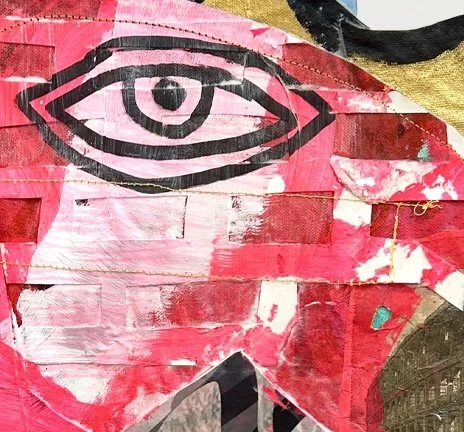 jackie milad JE VISITE TOUT | 17.5 x 15.5 inches / 44.5 x 39.4 cm, mixed-media on hand dyed canvas collage