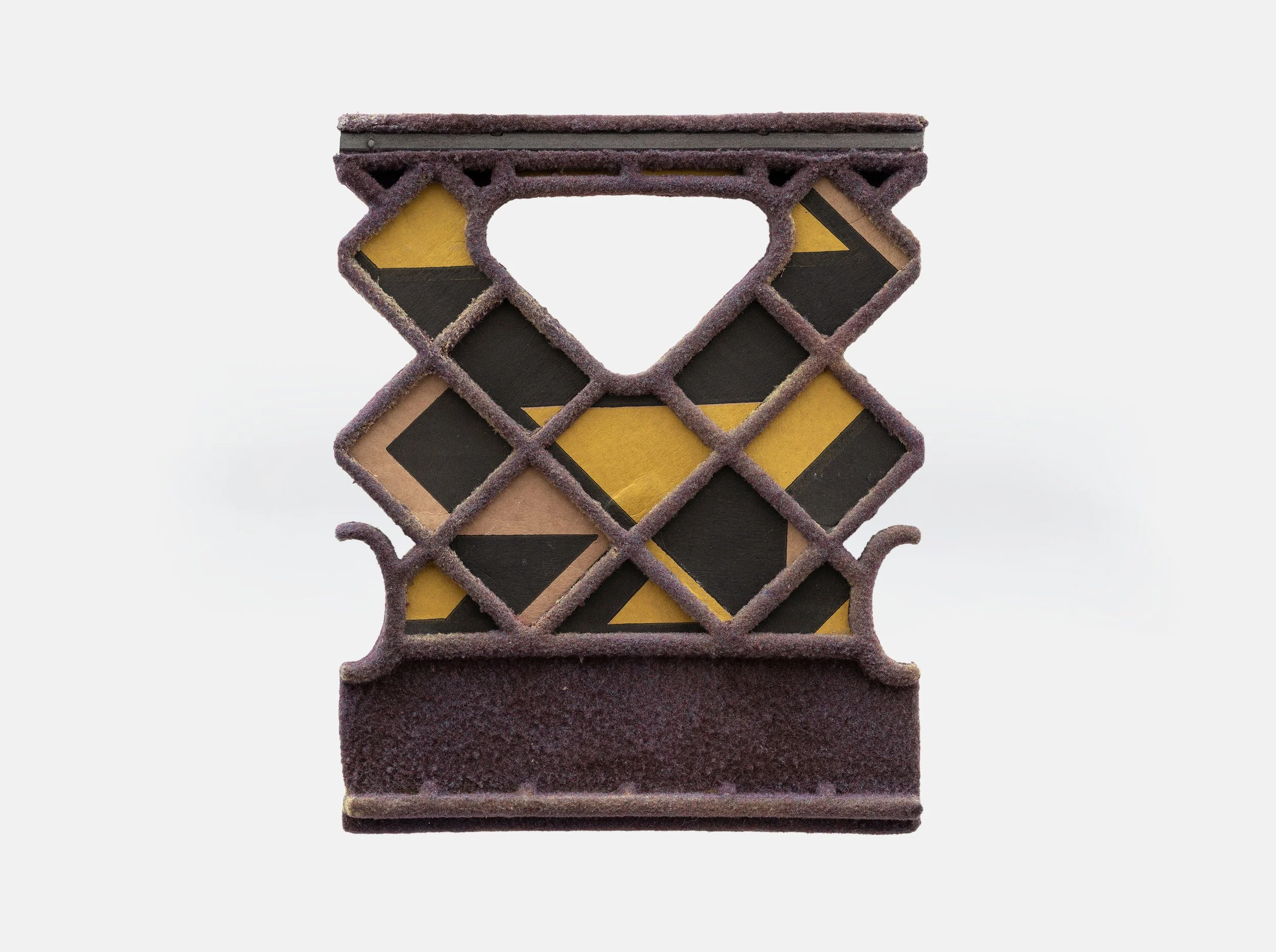 JODY JOYNER | OFFCUT II | 11 x 9 inches / 28 x 23 cm, found crate, flocking enamel, found cardboard packaging, 2026