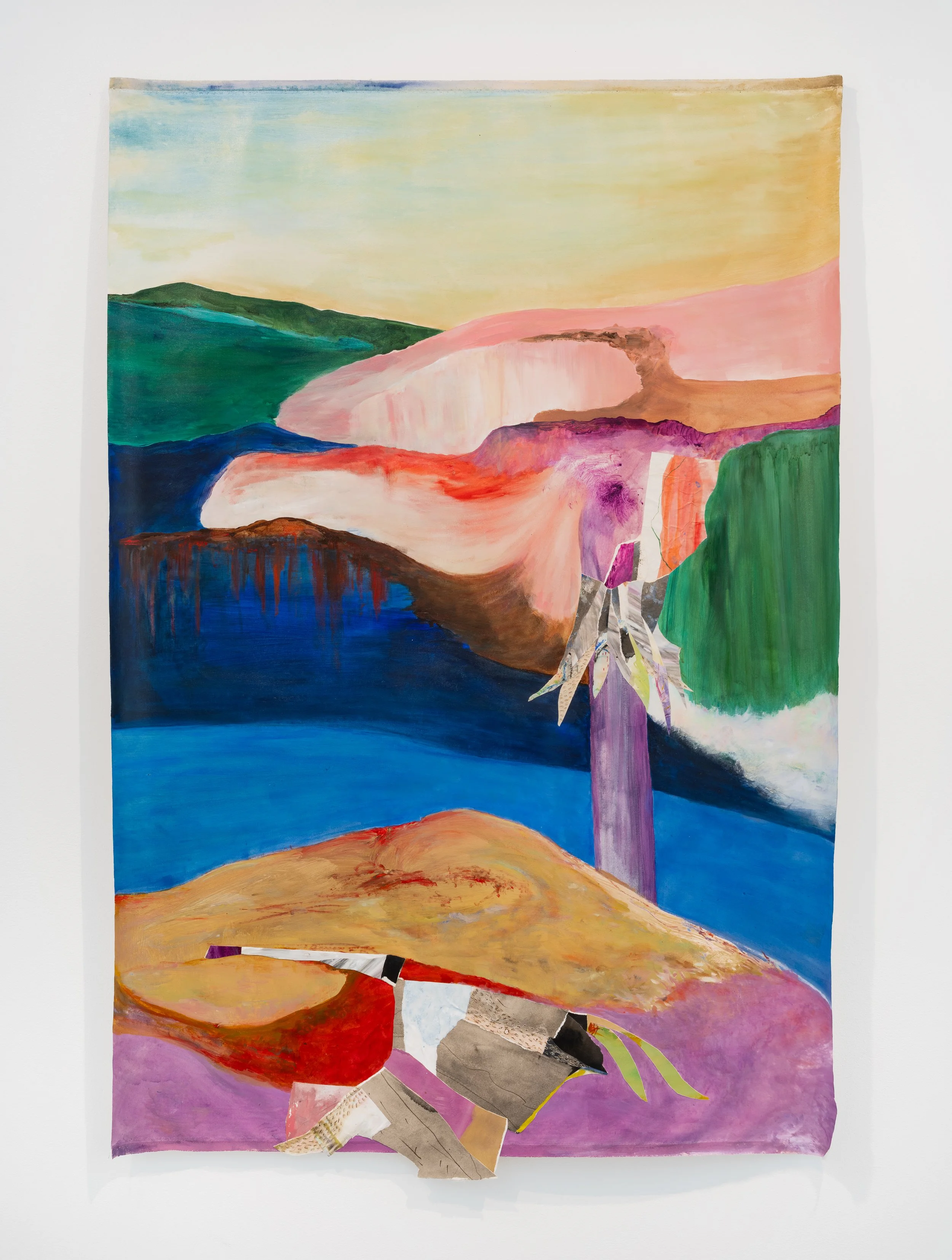 MAPPING A CEASELESS BECOMING (WHEN WHAT WAS SUBMERGED BEGINS TO RISE) | 
65.5 x 44.5 inches / 166 x 113 cm, acrylic, ink, colored pencil, collage and cuts and burns on paper mounted on canvas, 2026