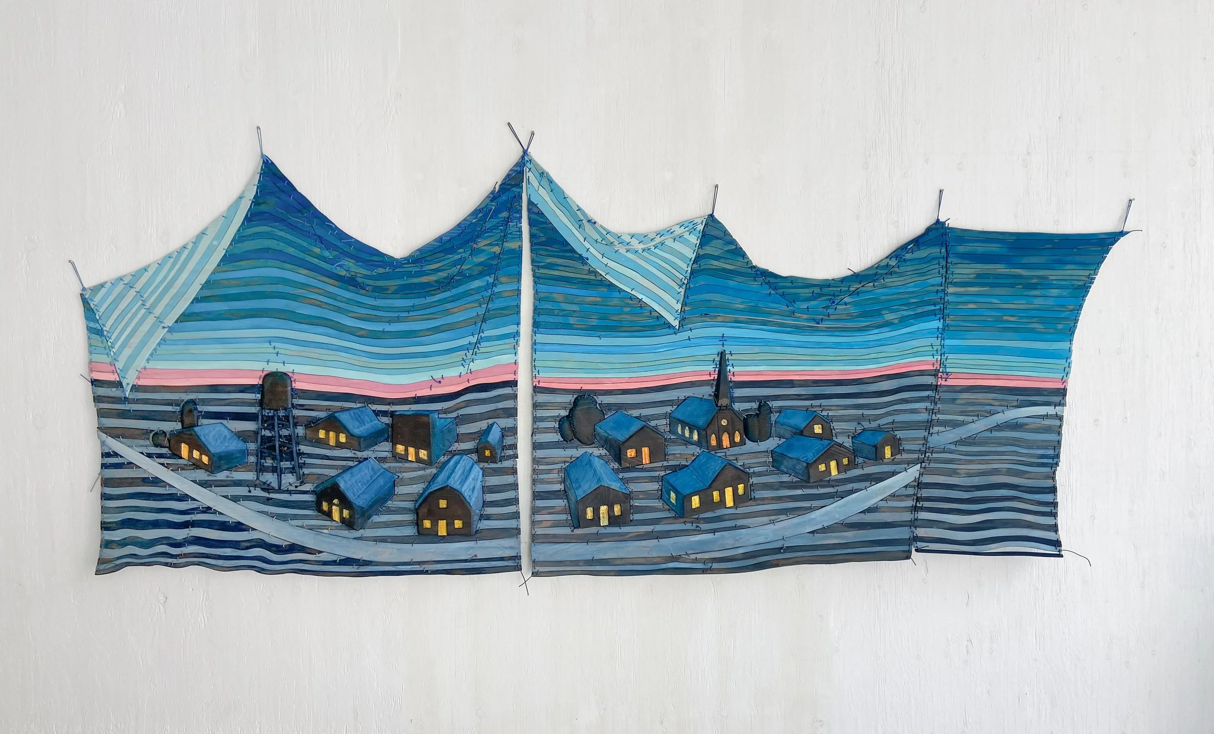 MIDDLE SCENERY (AFTER THE RIDE) | 50 x 114 x 3 cm / 127 x 289 x 8 cm, acrylic, milk paint, light stable metalized acid dye, and 
polyurethane on birch plywood and poplar with nylon cord, 2026