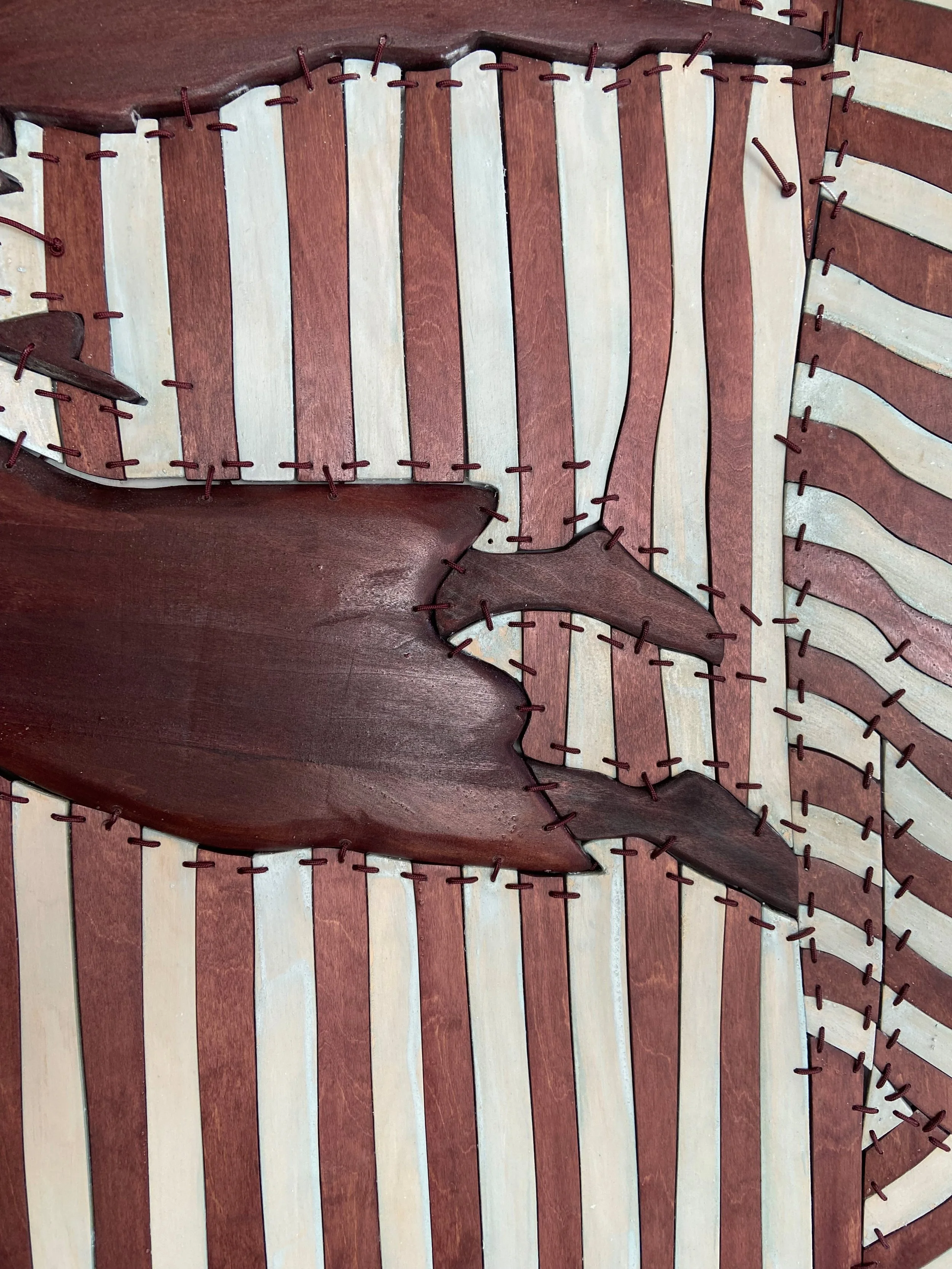 dan gunn- Gabriel Weathervane Scenery, 2026 Milk paint, light stable metalized acid dye, and polyurethane on birch plywood and poplar with nylon cord and hardware. 75 x 58 inches