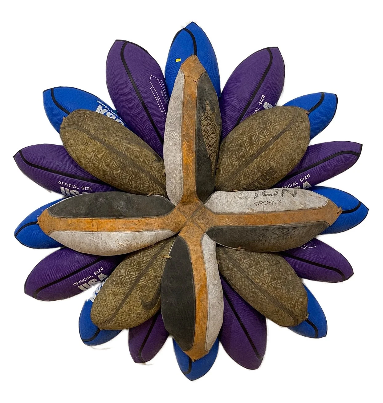 BASKETBALL BLOOM (USA OUTDOOR) | 32 x 32 x 5 inches / 81 x 81 x 12 cm, searched for and found basketballs, shoestrings, 2024