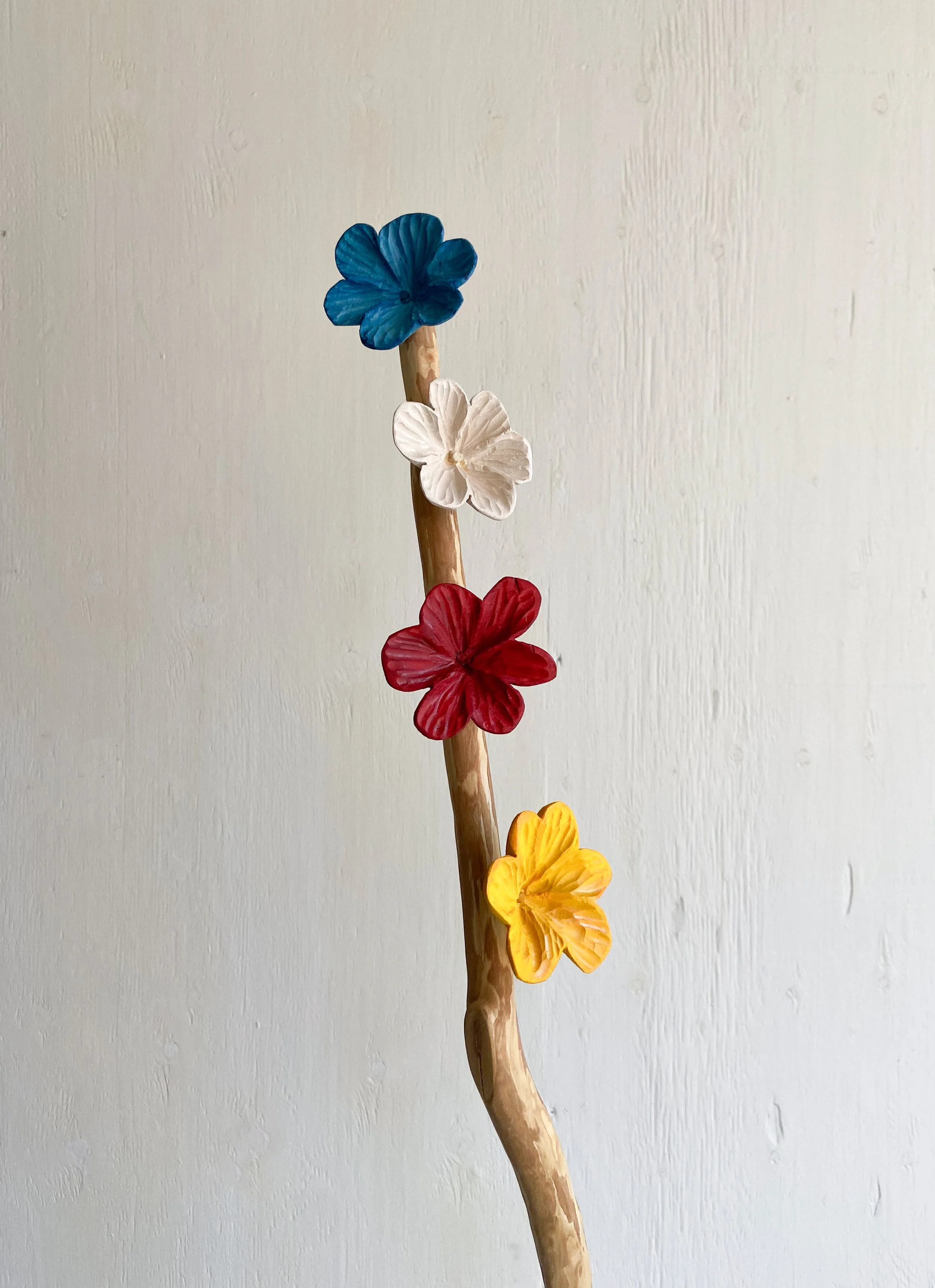 Dan Gunn- LATE BLOOMS | 60 x 6 x 6 inches / 152 x 15 x 15 cm, acrylic, dye and milkpaint on basswood and lilac with metal hardware, 2026