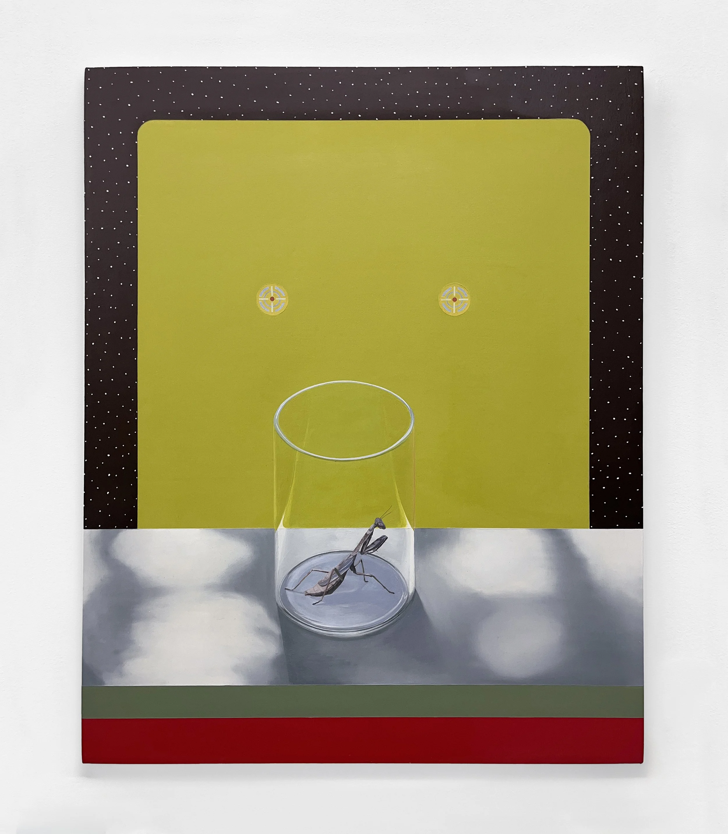 PRAYING MANTIS IN TREE SHADOW (TWIN TARGETS) | 20 x 16 inches / 51 x 41 cm, oil and wax on linen over panel, 2025