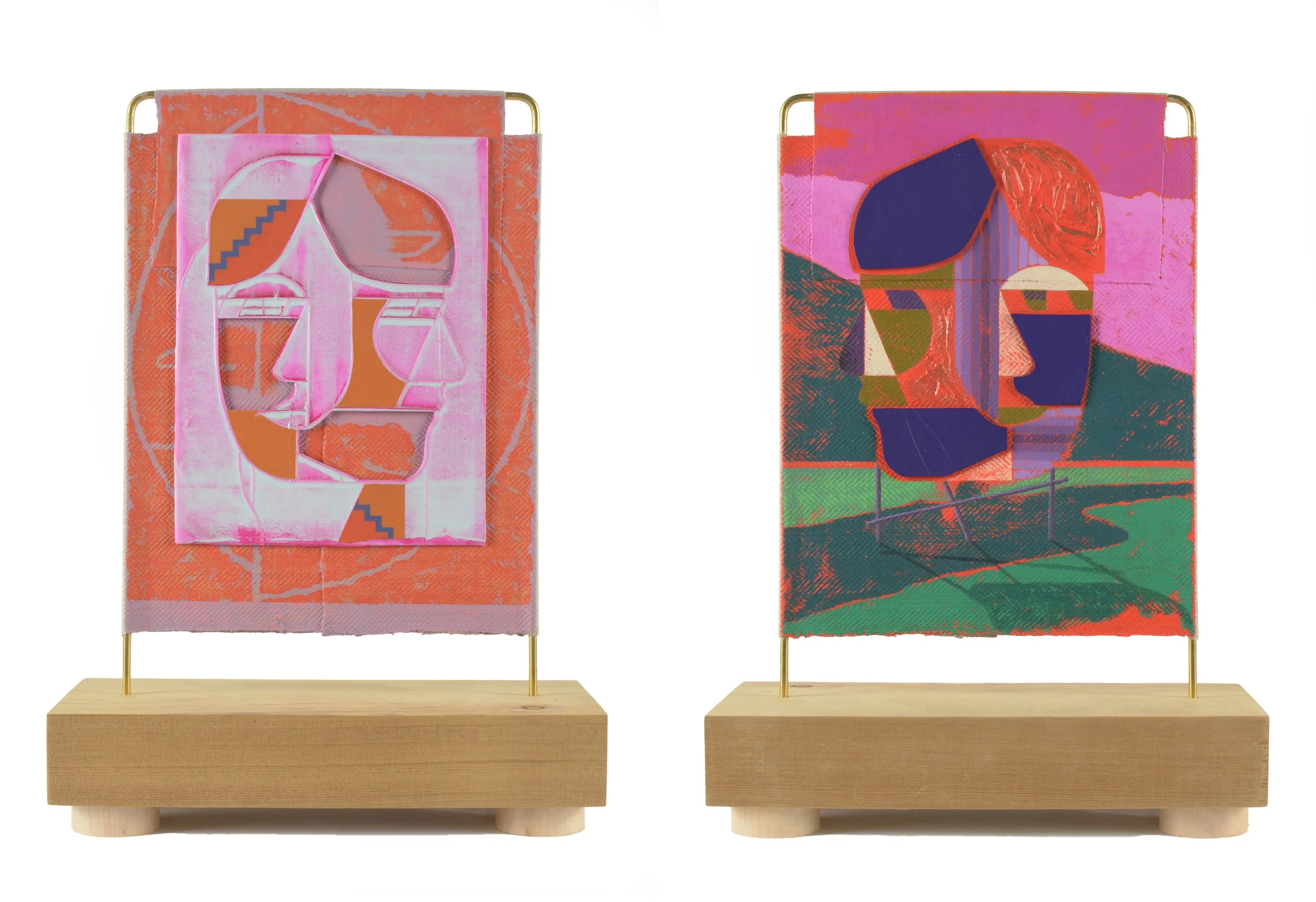 Left image: front view / Right image: back view | VERMILION MONUMENT (MAGENTA, ORANGE) | 15.75 x 11.5 x 5.5 inches / 40 x 29 x 14 cm, acrylic, cast acrylic mounted to linen over brass, wooden base, 2024