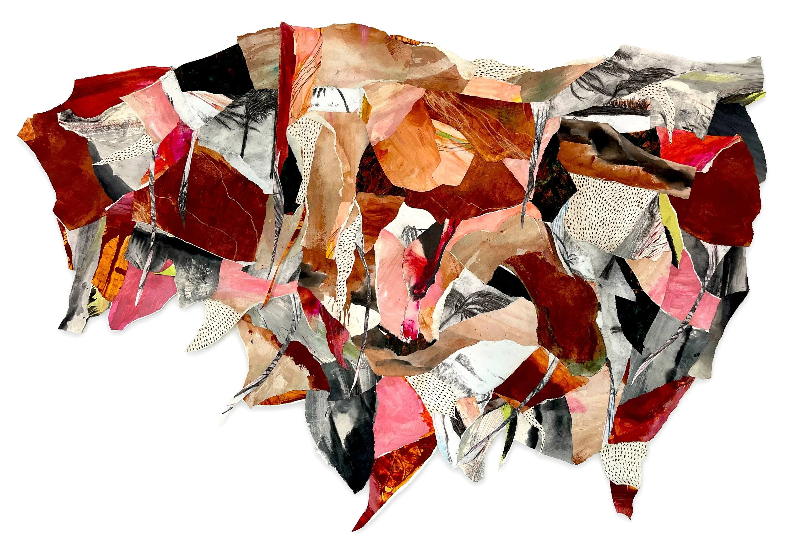 STORM (HOW TO IMAGINE THE TROPICALIA AS MONUMENTAL-AS IN WHEN PEOPLE TURN INTO TREES) | 47 x 68 inches / 119.4 x 172.72 cm, charcoal, ink, acrylic, glitter with cuts and burns on paper, 2023