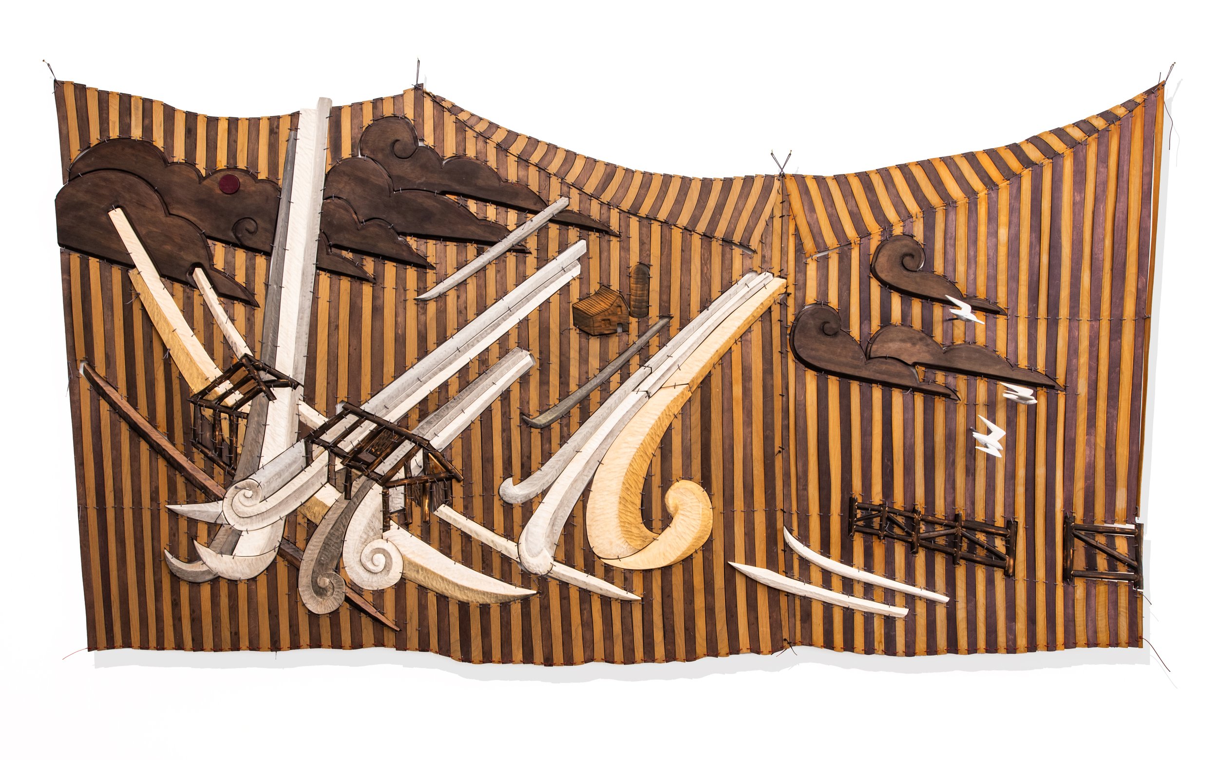 TEMPEST SCENERY | 69 x 125 x 3 inches / 175 x 317 x 8 cm, acrylic, milk paint, light stable metalized acid dye, and water-based polyurethane on birch plywood and poplar, with nylon cord, 2023