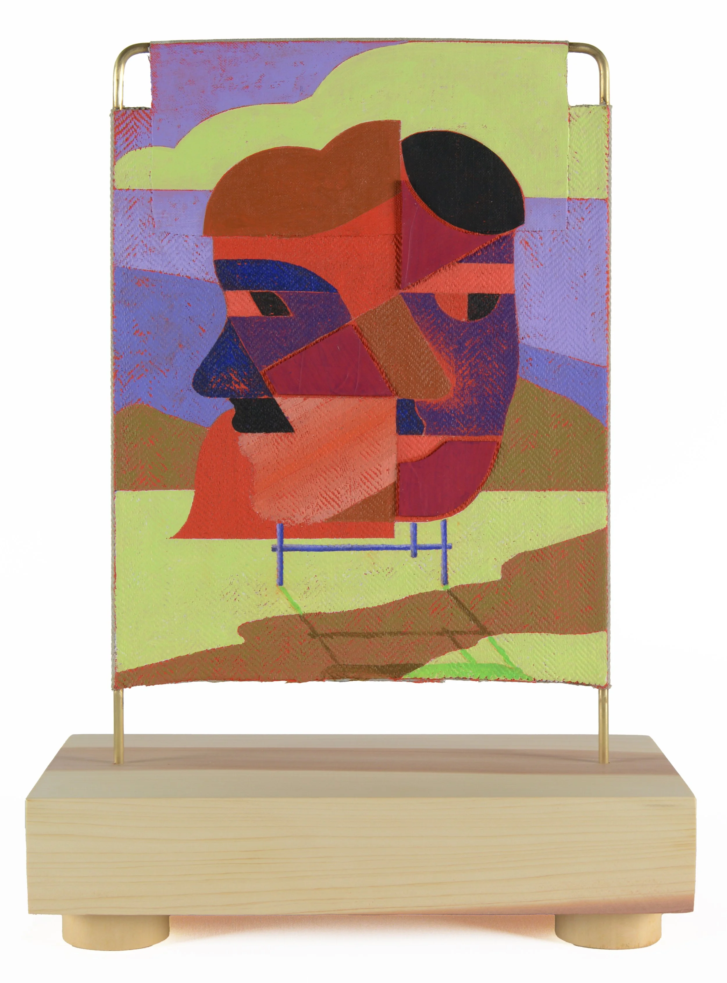 Jacob Feige-Vermilion Monument (Pink, Blue Violet)15.75 x 11.5 x 5.5 inches / 40 x 29 x 14 cm, double sided, acrylic, cast acrylic mounted to linen over brass, wooden base, 2025.