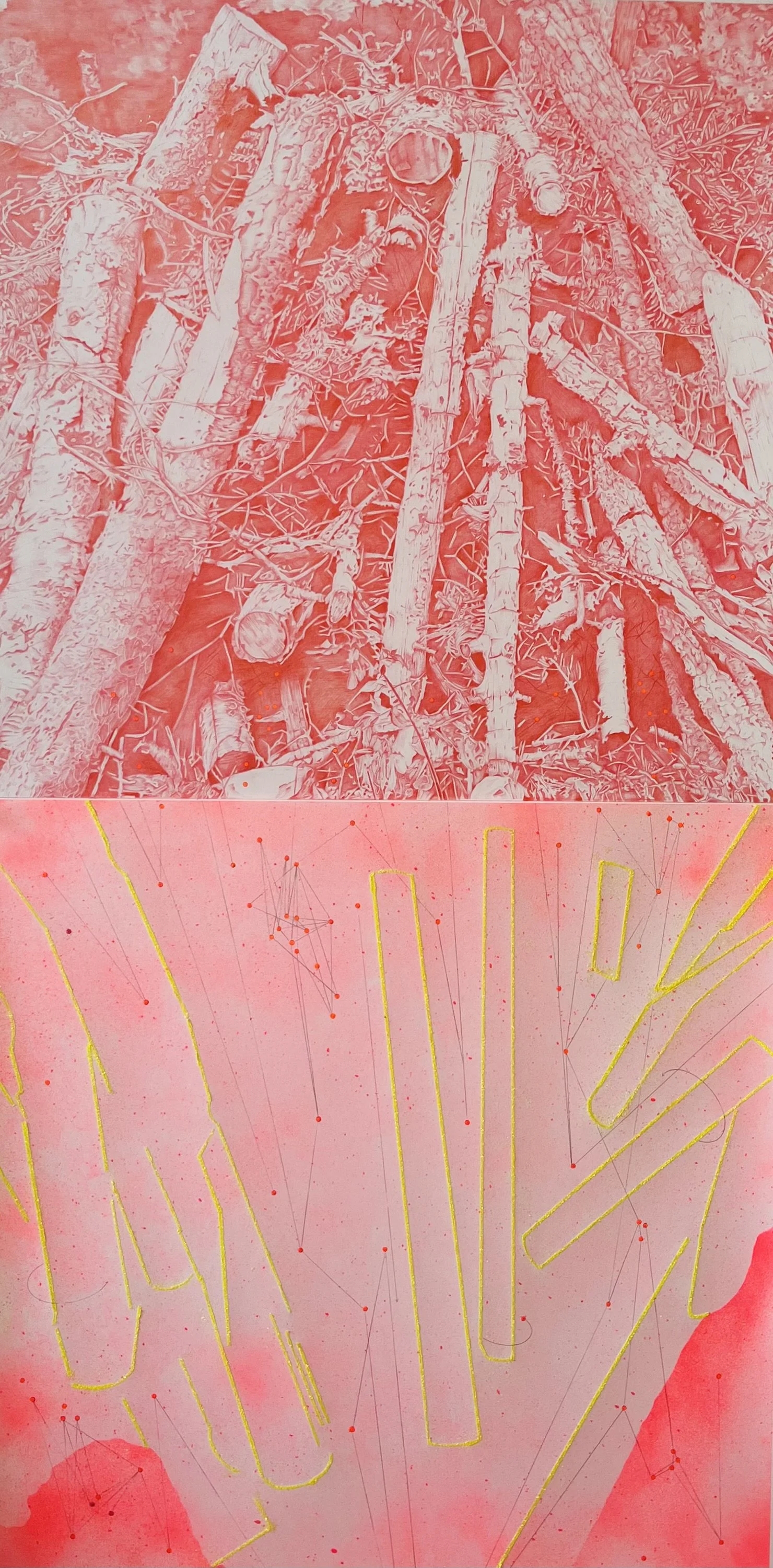 FRAGMENTATION | 46 x 23 inches / 116 x 58 cm
graphite, acrylic, pray paint, glitter on paper, 2024