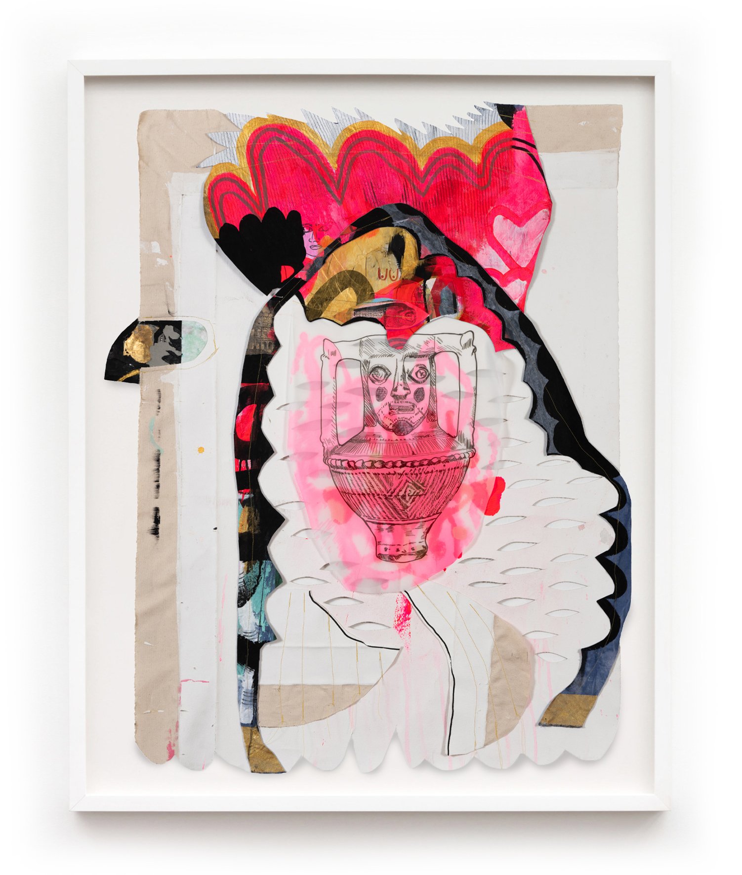 Jackie Milad- La Cueva Llena | 45 x 33 inches / 114.3 x 83.8 cm, mixed-media collage on found canvas, 2023