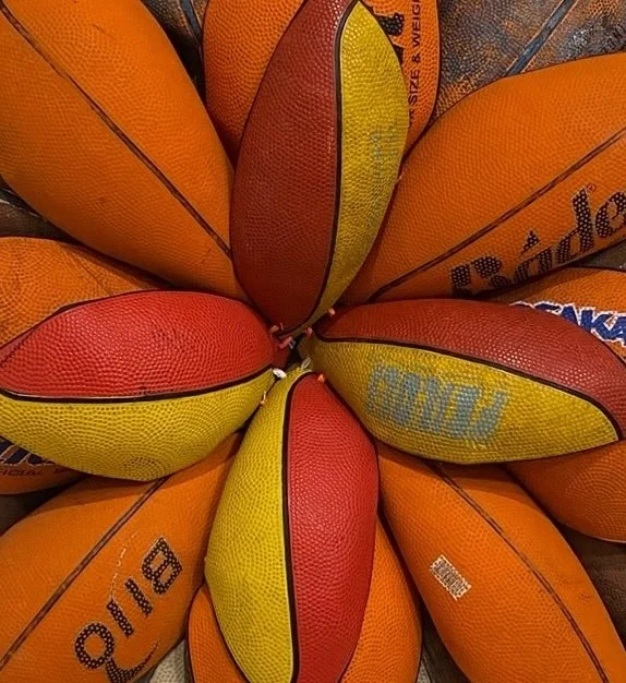 Brandon J. Donahue-Shipp-Basketball Bloom (Breakaway Outdoor) 31 x 32 x 7 inches / 79 x 81 x 17 cm, searched for and found basketballs, shoestrings, 2024